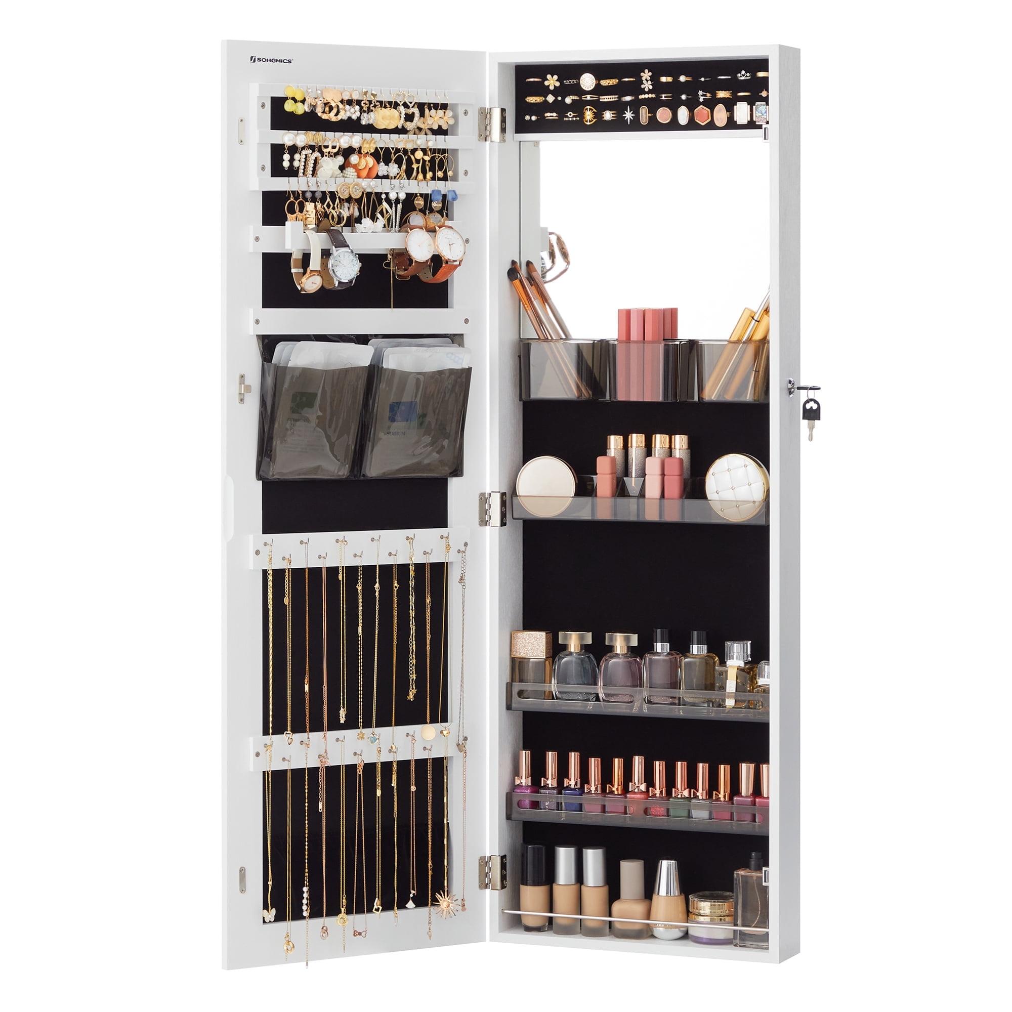 SONGMICS Jewelry Armoires Wall/Door Mount Jewelry Storage Cabinet Organizer Box Full-Length Mirror with Built-in Small Mirror Jewelry Shelves Gift White
