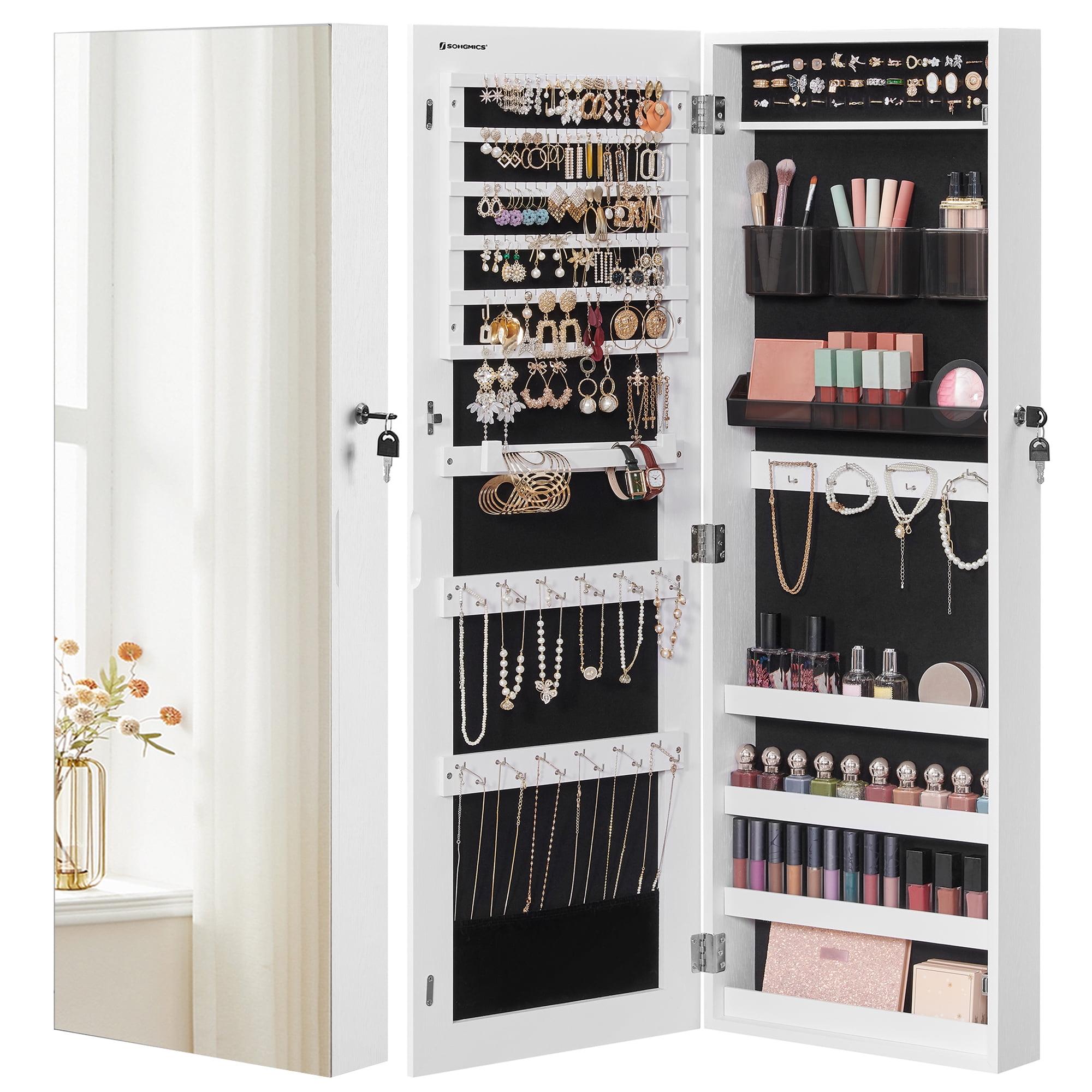 White MDF Wall-Mounted Jewelry Cabinet with Mirror and Storage