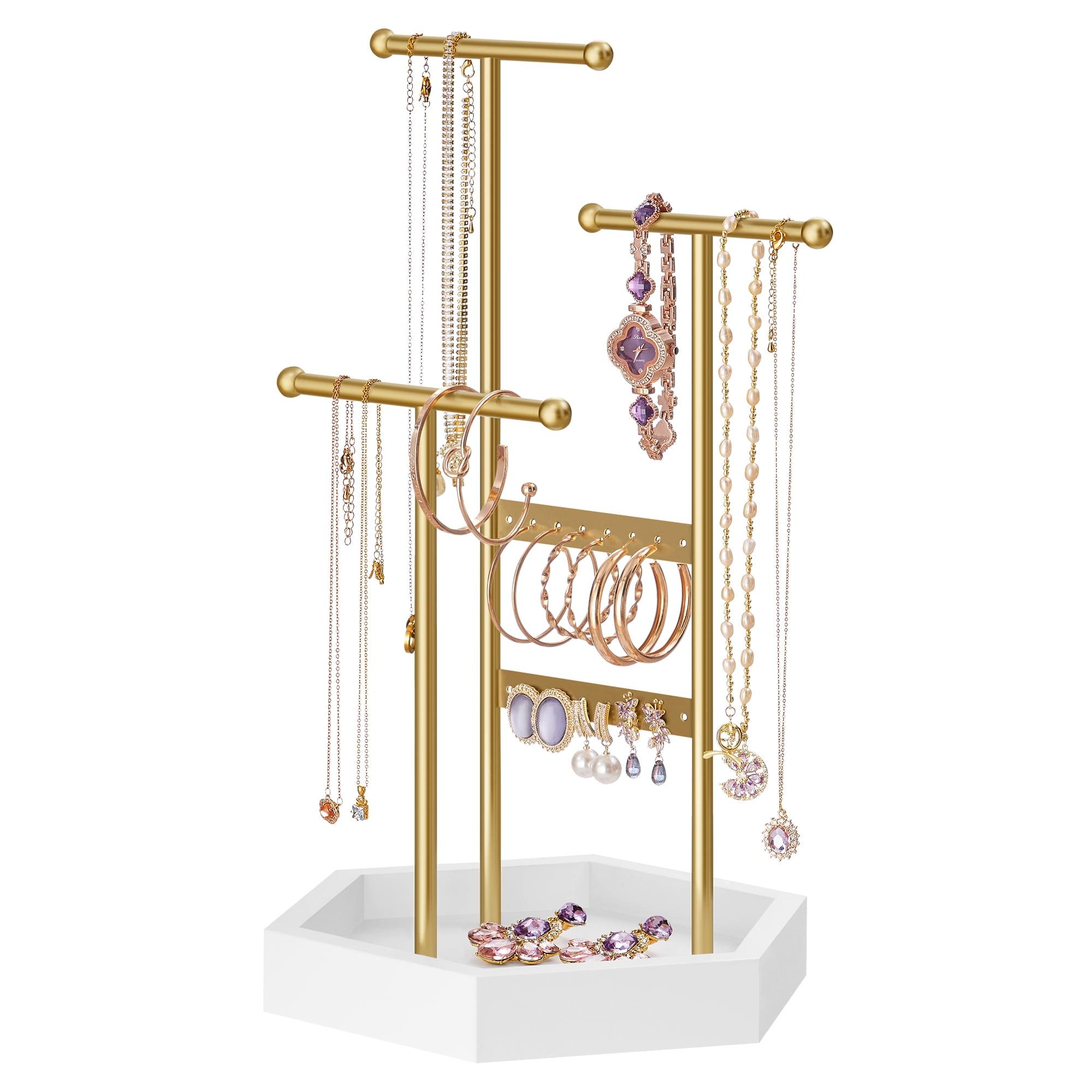 SONGMICS Jewelry Holder, Jewelry Organizer, 4 Independent Zones, Jewelry Display Stand with Metal Frame, Gold and White