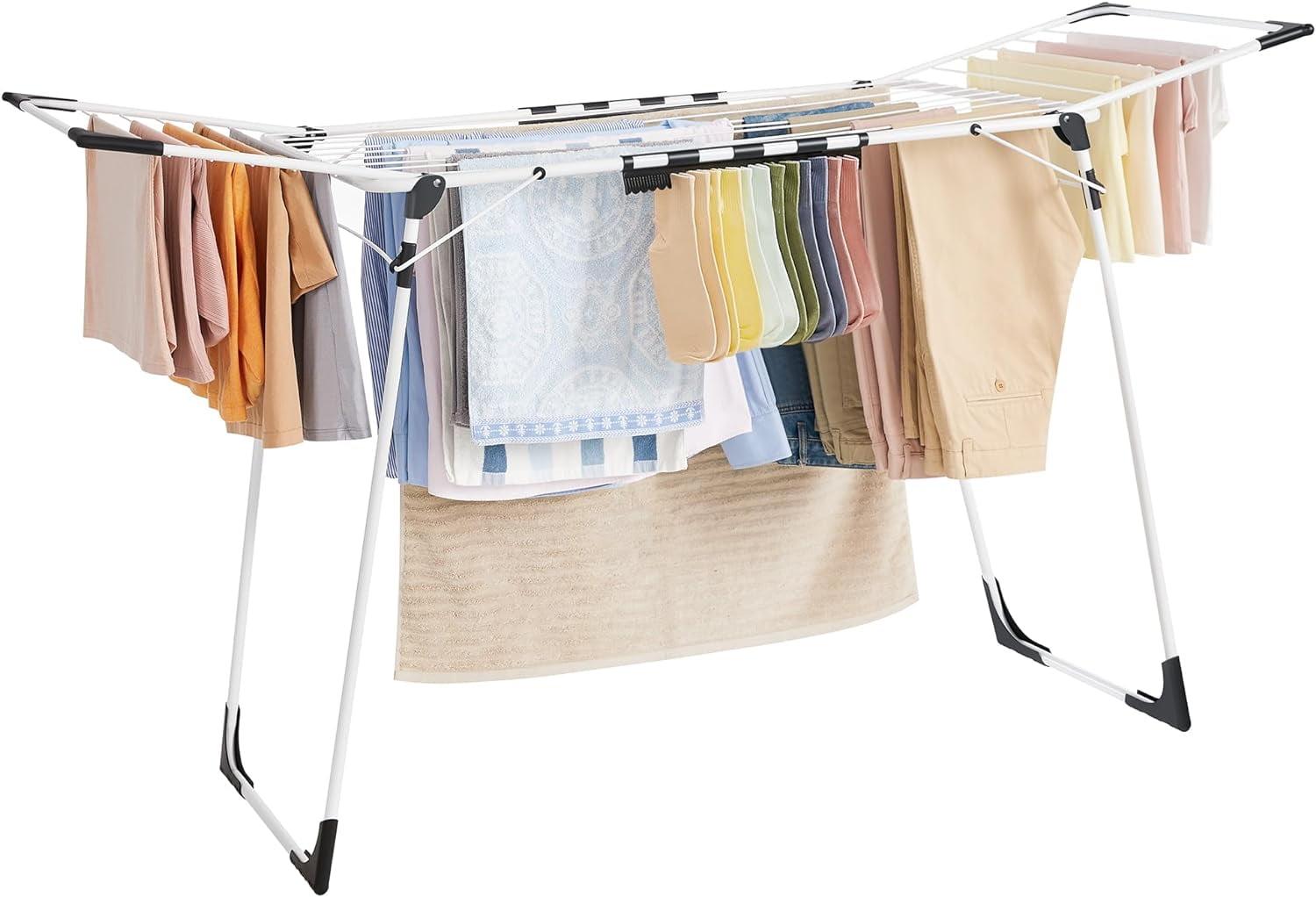 SONGMICS Clothes Drying Rack Foldable Gullwing Laundry Drying Rack, Space-Saving, 22.2 x 68.1 x 38 Inches Sock Clips Metal Structurefor Clothes White