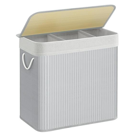 SONGMICS 39.6Gal (150L) Laundry Hamper, 3-Section Laundry Basket, Laundry Hamper with Lid, Bamboo, Foldable, Removable and Machine Washable Liner,Gray