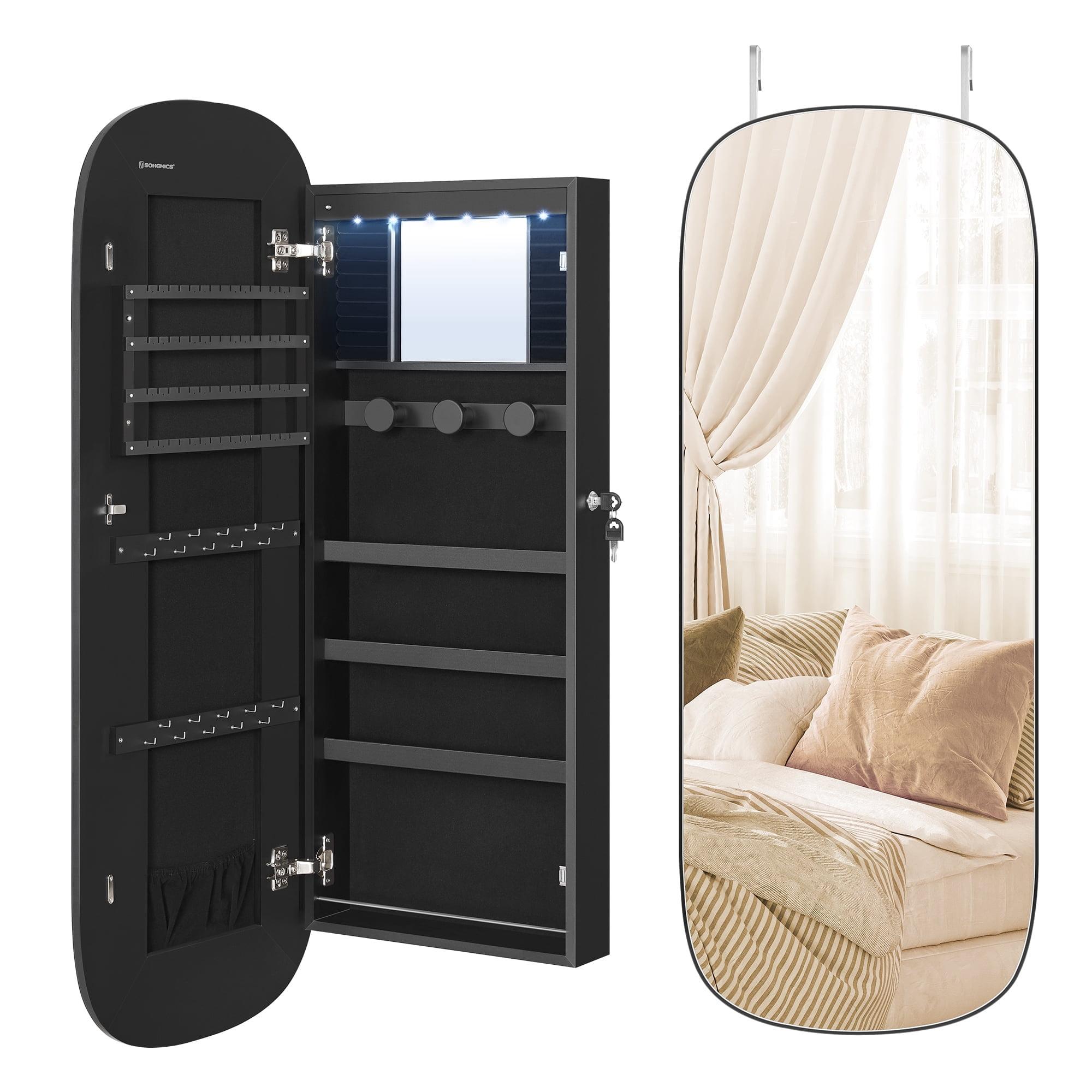 SONGMICS Jewelry Organizer, LED Jewelry Cabinet Wall or Door Mounted, Lockable Rounded Wide Mirror with Storage,Black Surface with Greige Lining