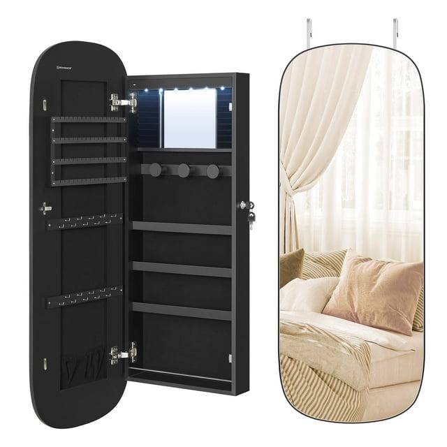 SONGMICS Jewelry Organizer, LED Jewelry Cabinet Wall or Door Mounted, Lockable Rounded Wide Mirror with Storage,Black Surface with Greige Lining