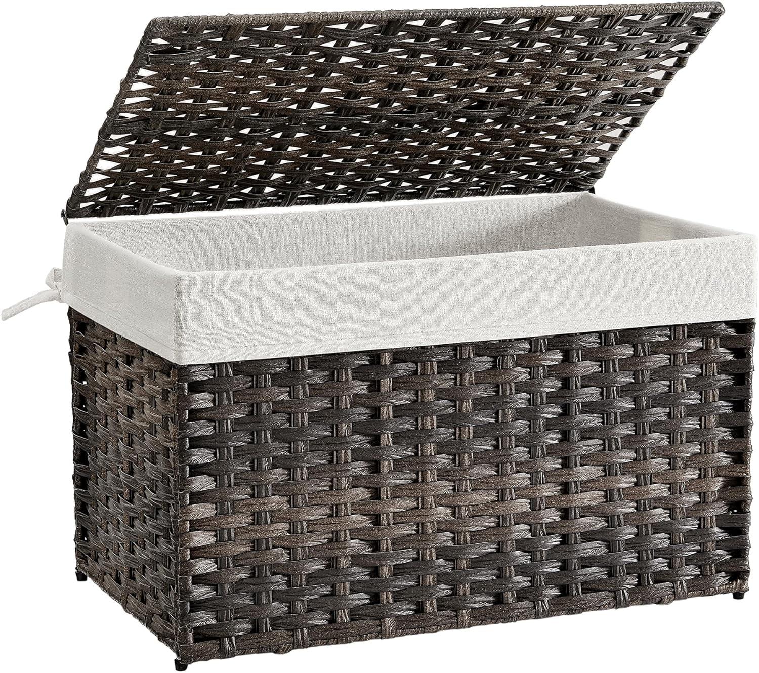 Large Brown Woven Plastic Storage Basket with Lid and Handles