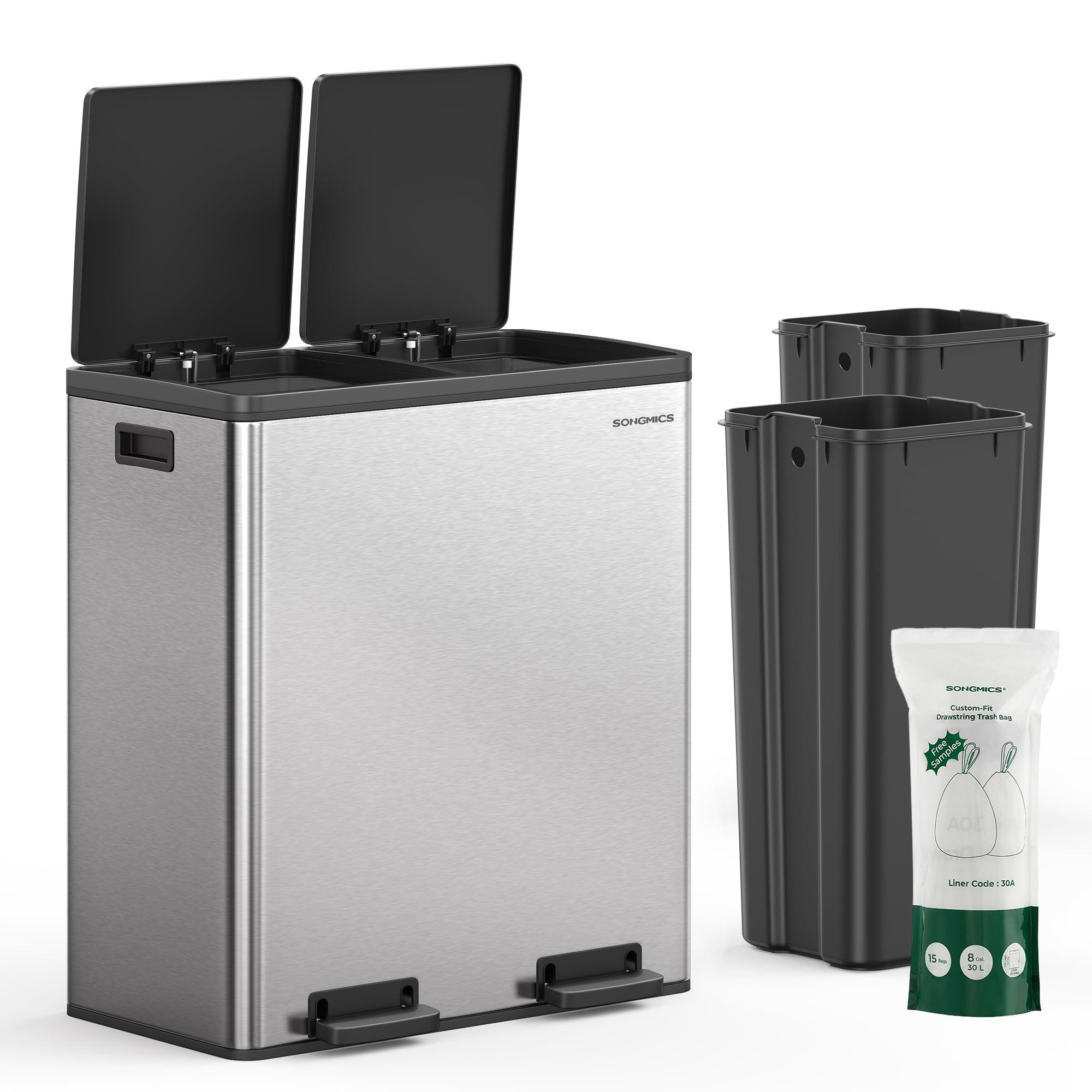 Trash Can, 2 x 8-Gallon Garbage Can, with 15 Trash Bags, 2 Compartments, Plastic Inner Buckets, Silver and Black