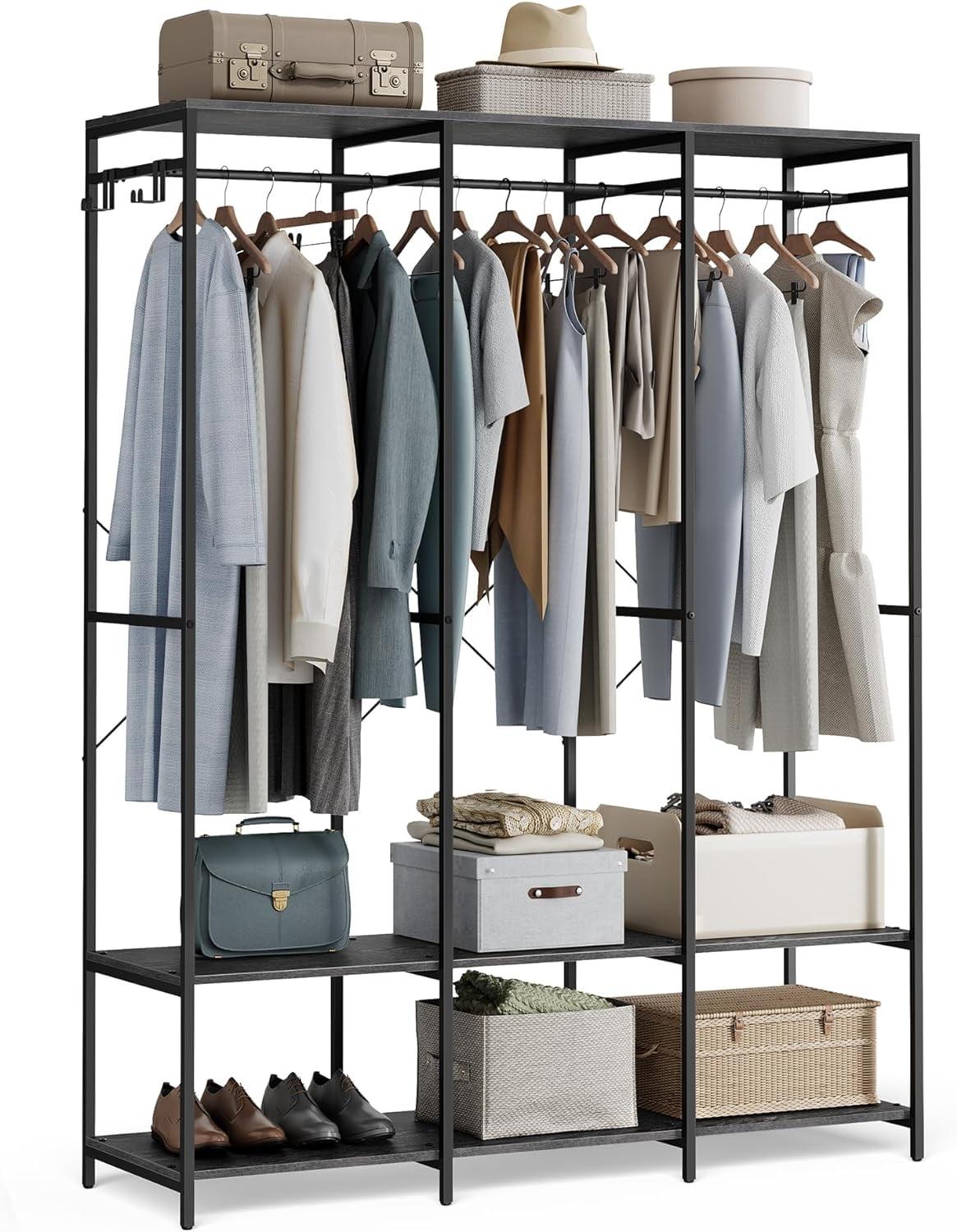 SONGMICS Clothes Rack, Iron and Wood Wardrobe Closet Organizer, Heavy Duty Garment Rack with Hanging Rods, Ebony Black