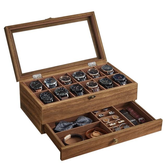 SONGMICS Watch Box 12-Slot Watch Case Organizer Solid Wood Watch Display Case with Removable Pillows Rustic Walnut