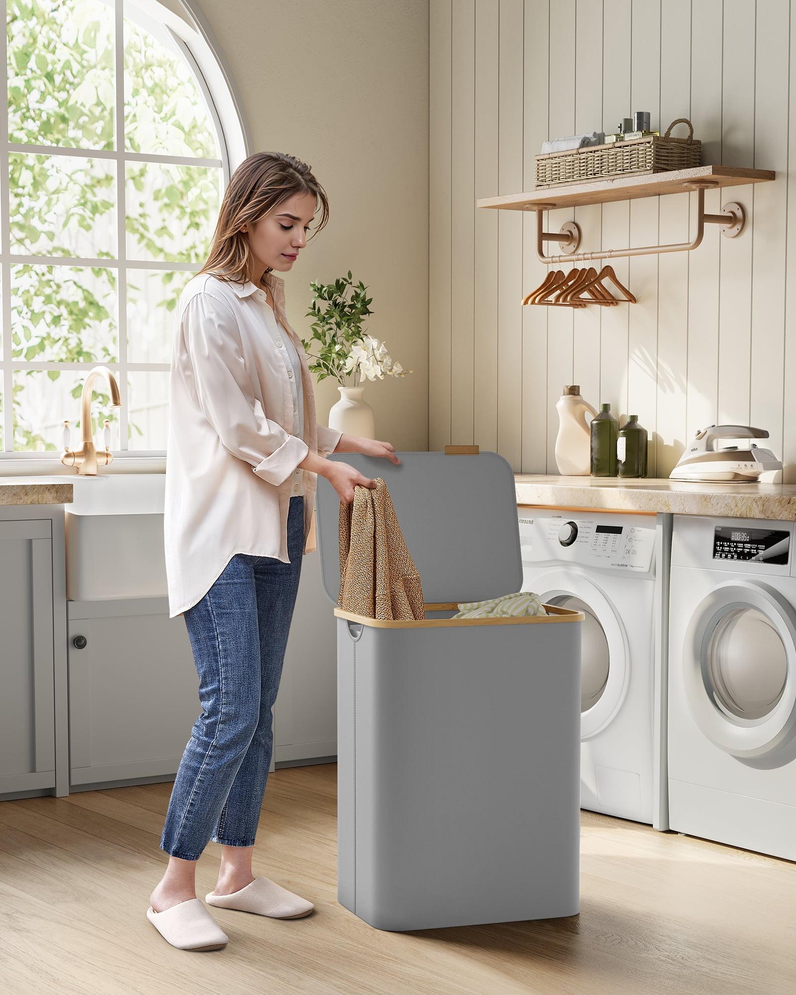 SONGMICS Laundry Hamper with Lid, 2-Section Large Laundry Basket, 34.3-gallon (130L), Removable Mesh Liner, Bamboo Handles, Collapsible, Dove Gray