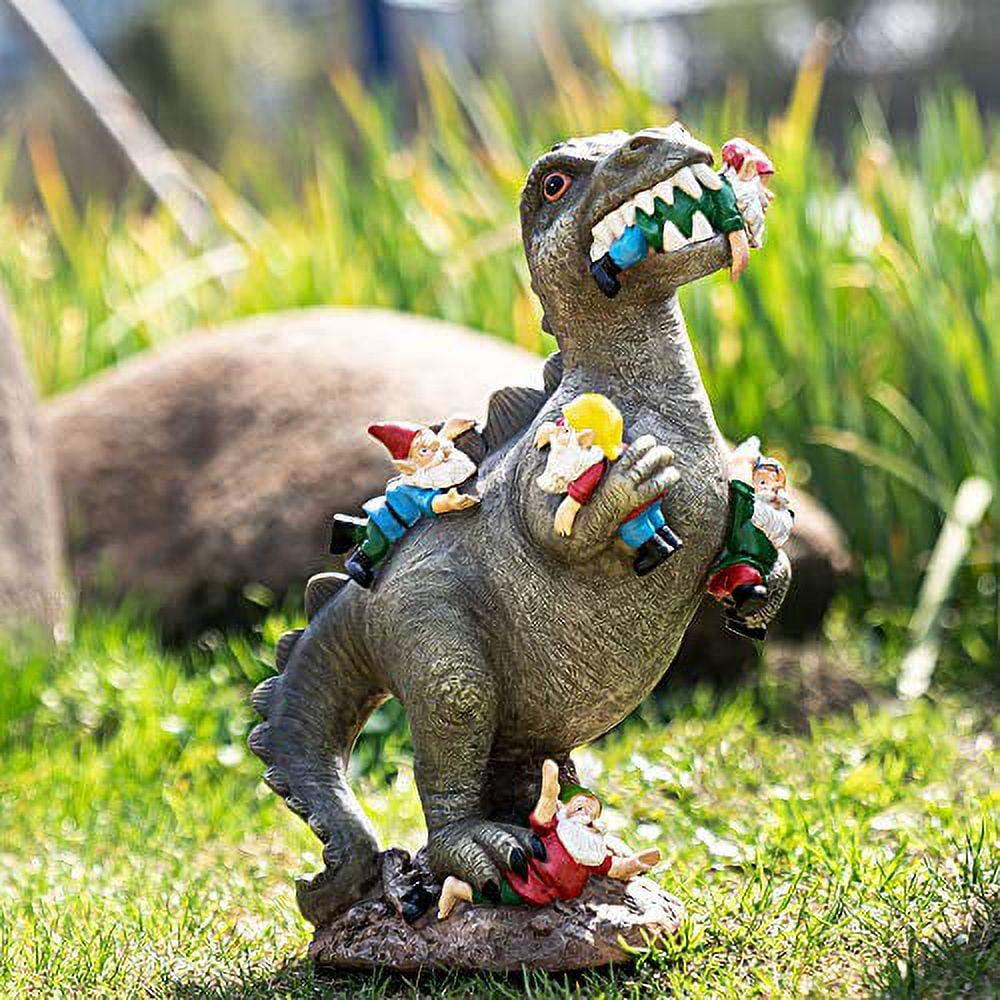 14" Dinosaur and Gnomes Weatherproof Garden Statue