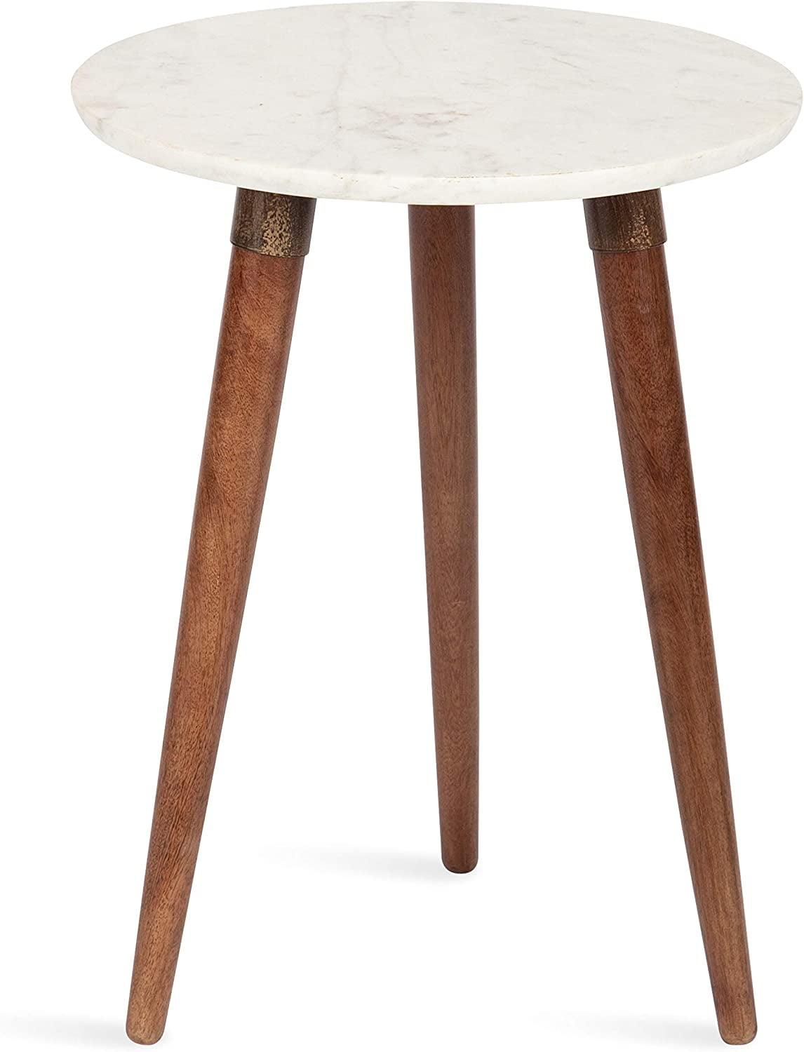 Walnut Brown and White Marble Round Side Table