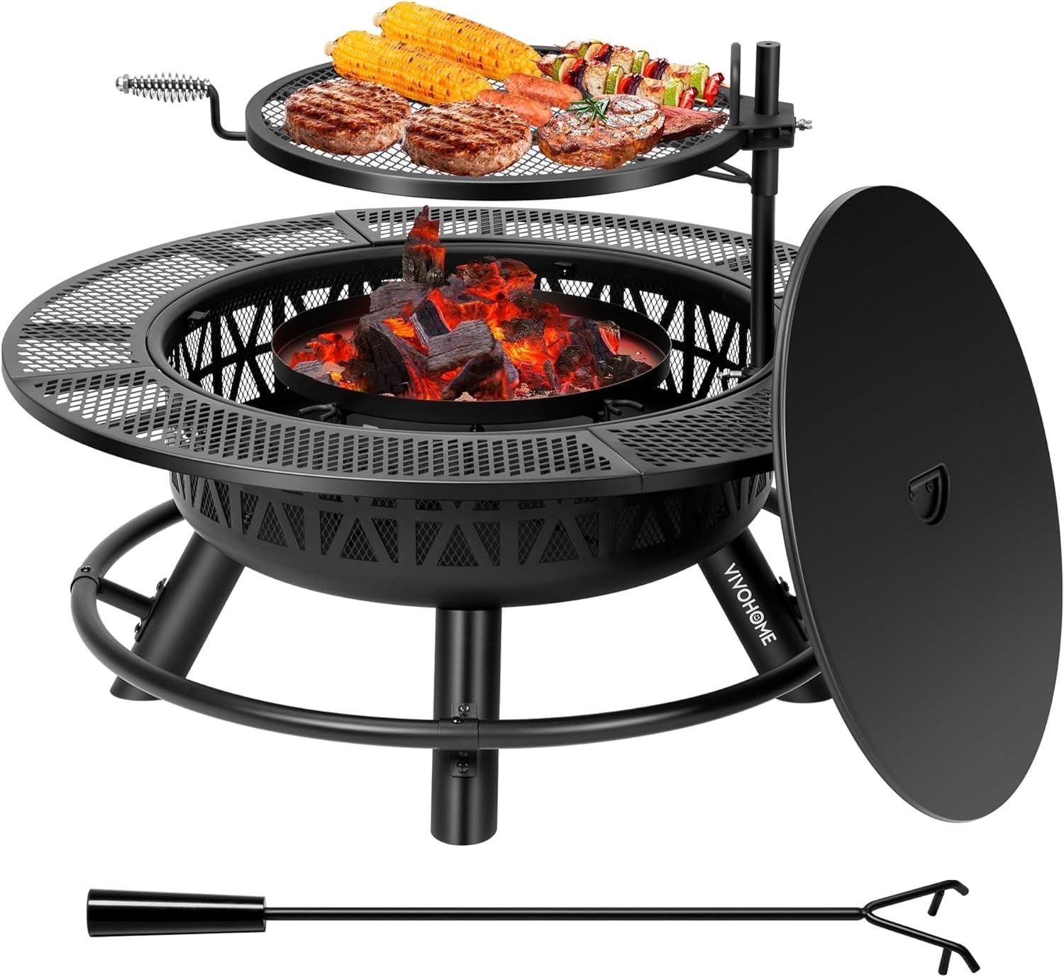 35-Inch Black Alloy Steel Fire Pit with Grill and Charcoal Pan