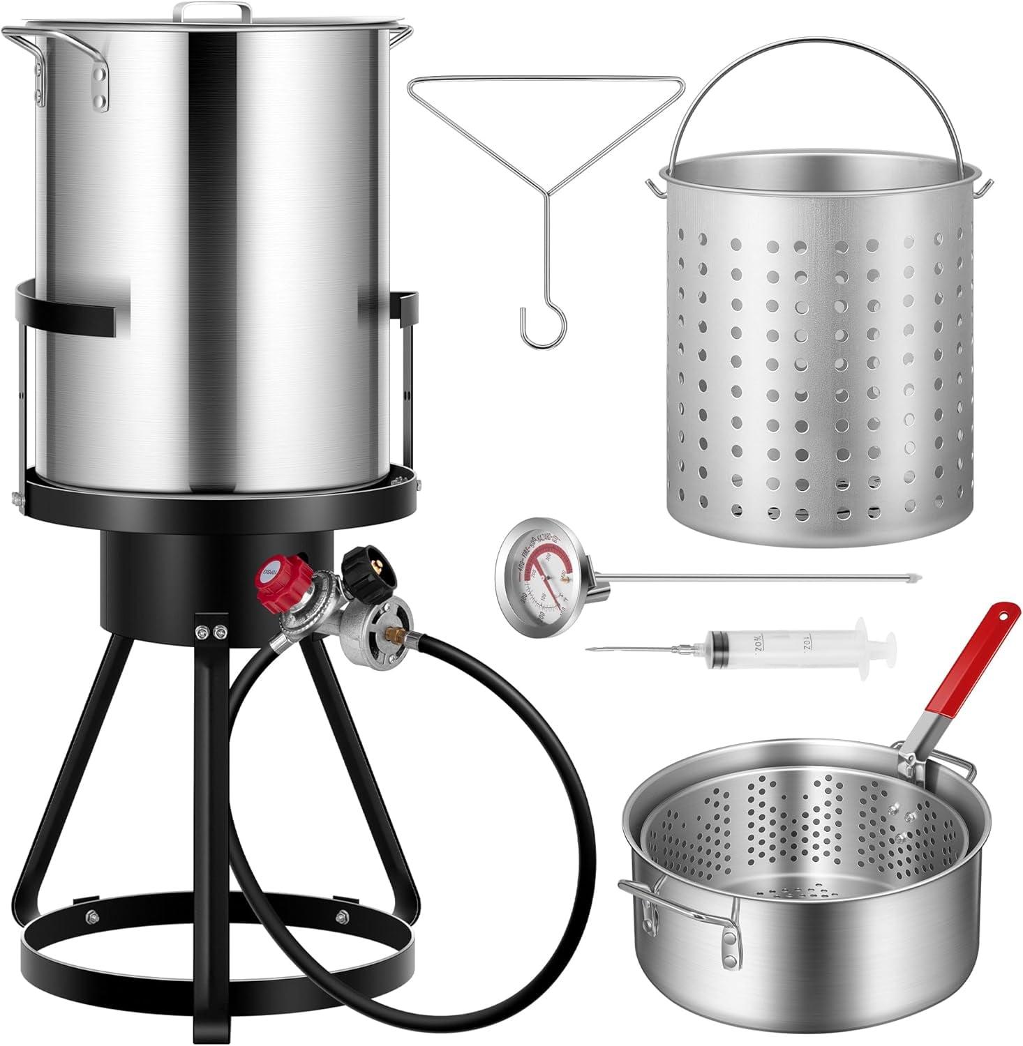 30 Qt Turkey Deep Fryer & 10QT Fish Fryer Kit w/Baskets,Aluminum Fish & Seafood Boiler Steamer with 54,000 BTU Propane Gas Burner Stand Injector Thermometer Hose