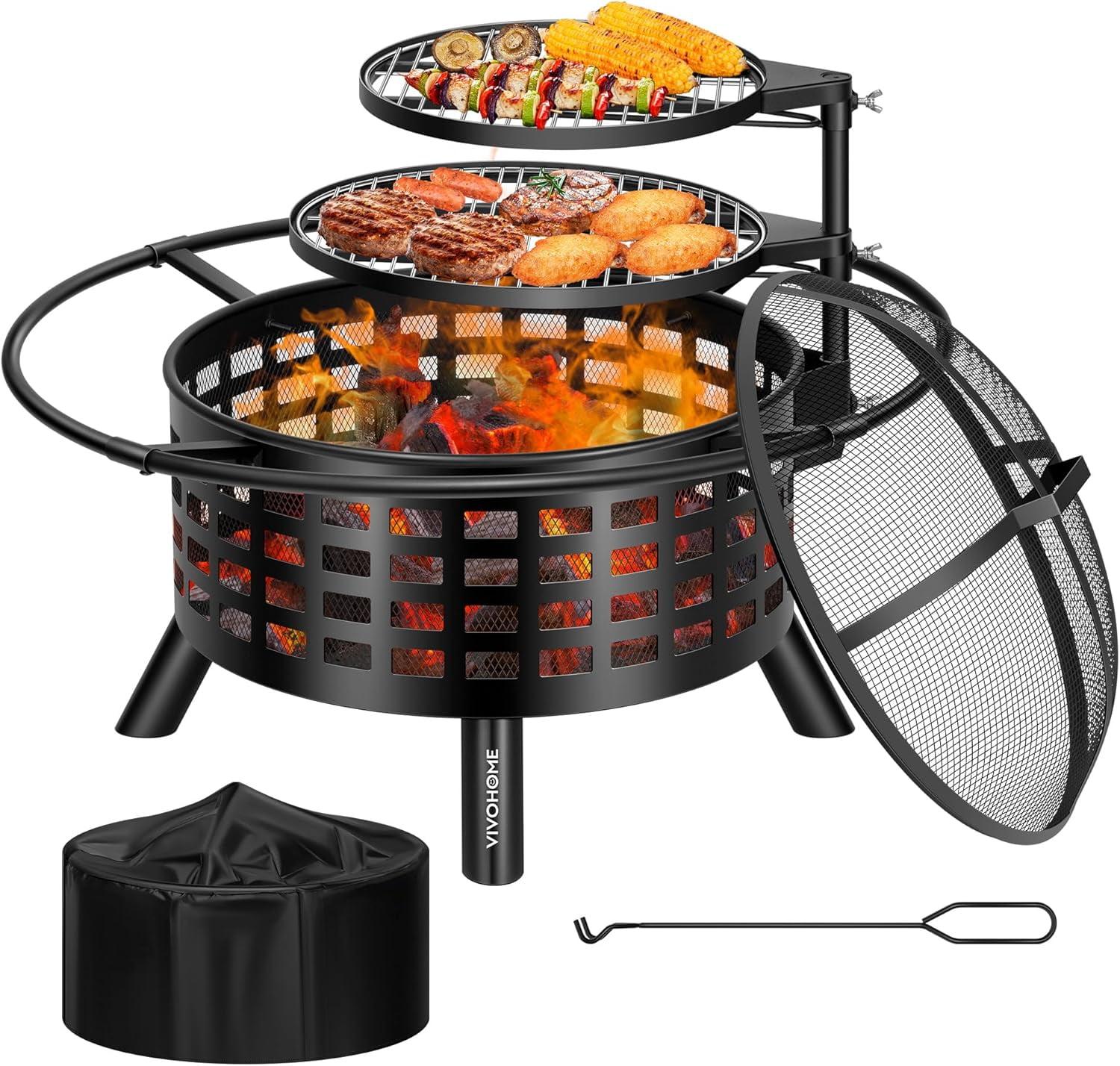 36-Inch Black Metal Round Fire Pit with Dual Grills