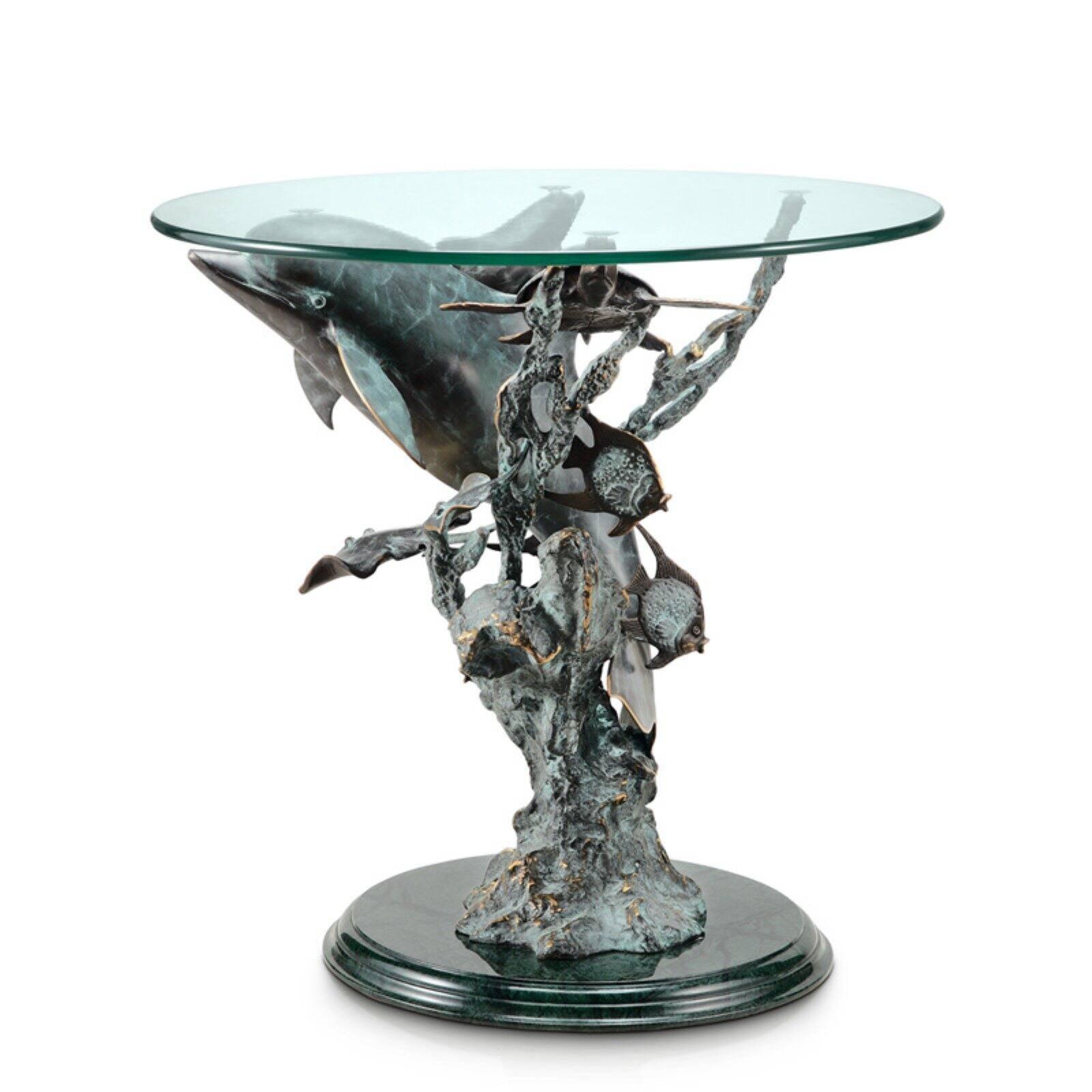 Elegant Dolphin Seaworld Round Glass End Table in Silver