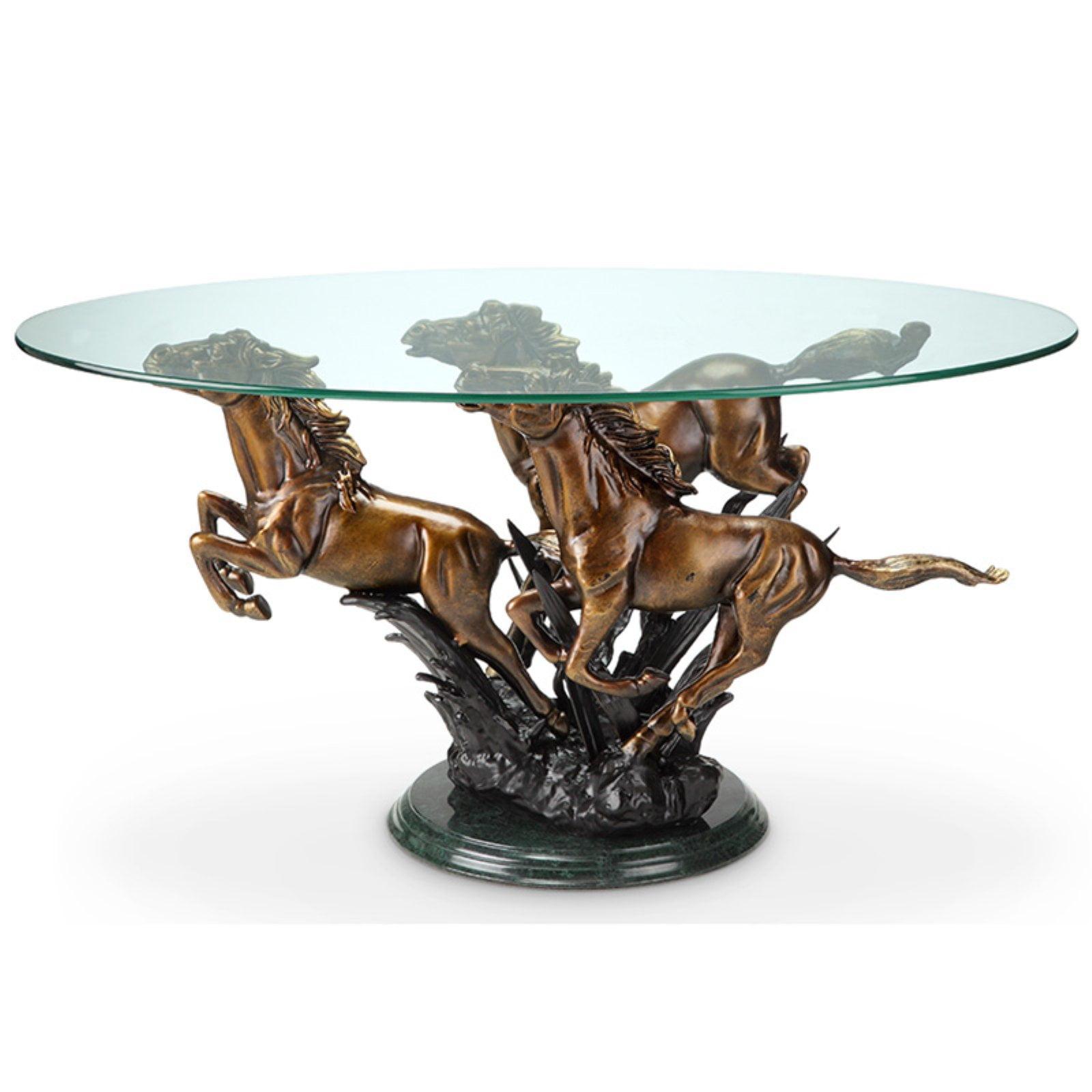 Equestrian Elegance Oval Glass & Marble Coffee Table with Metal Horses