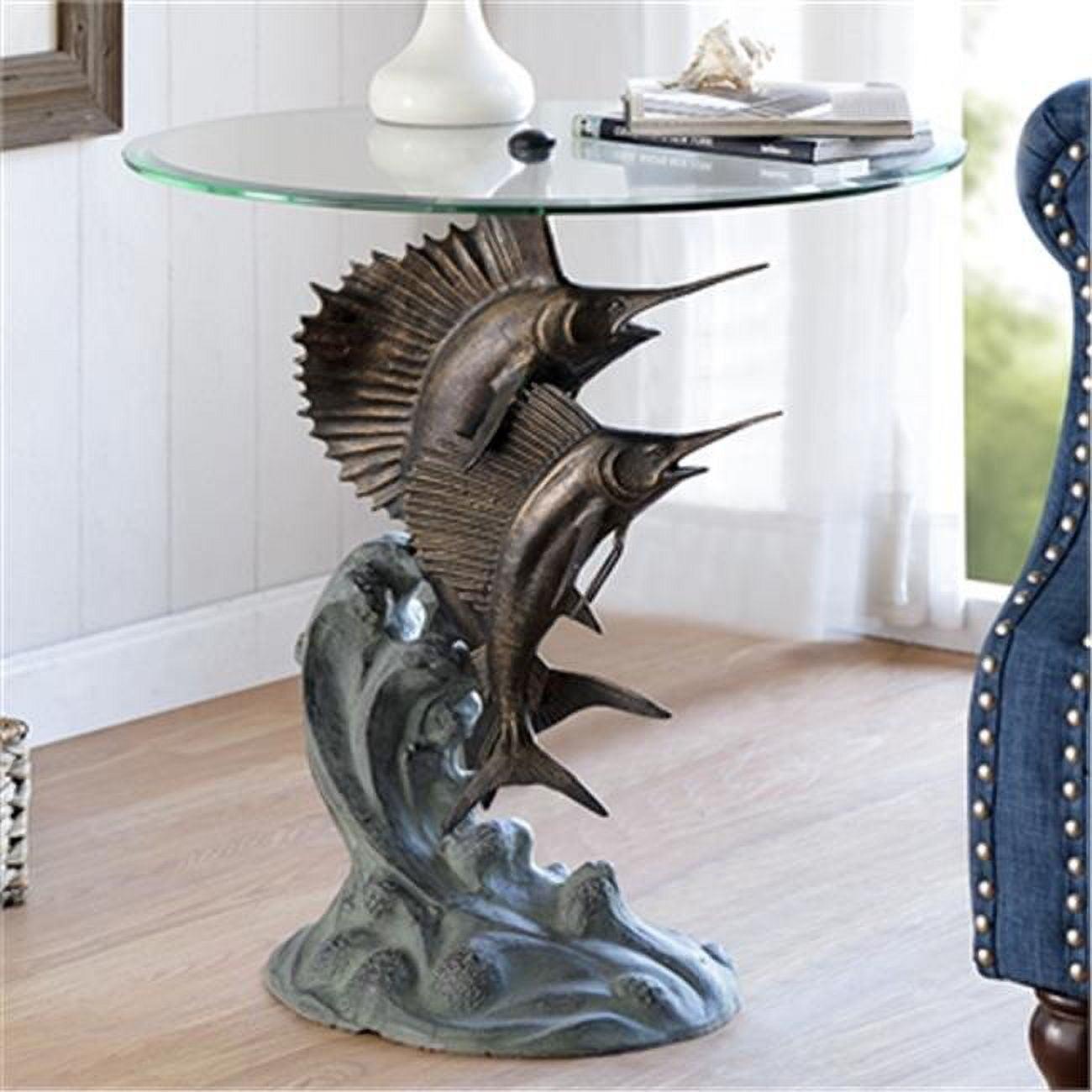 Marlin and Sailfish Pedestal End Table with Glass Top, 22" Bronze Finish