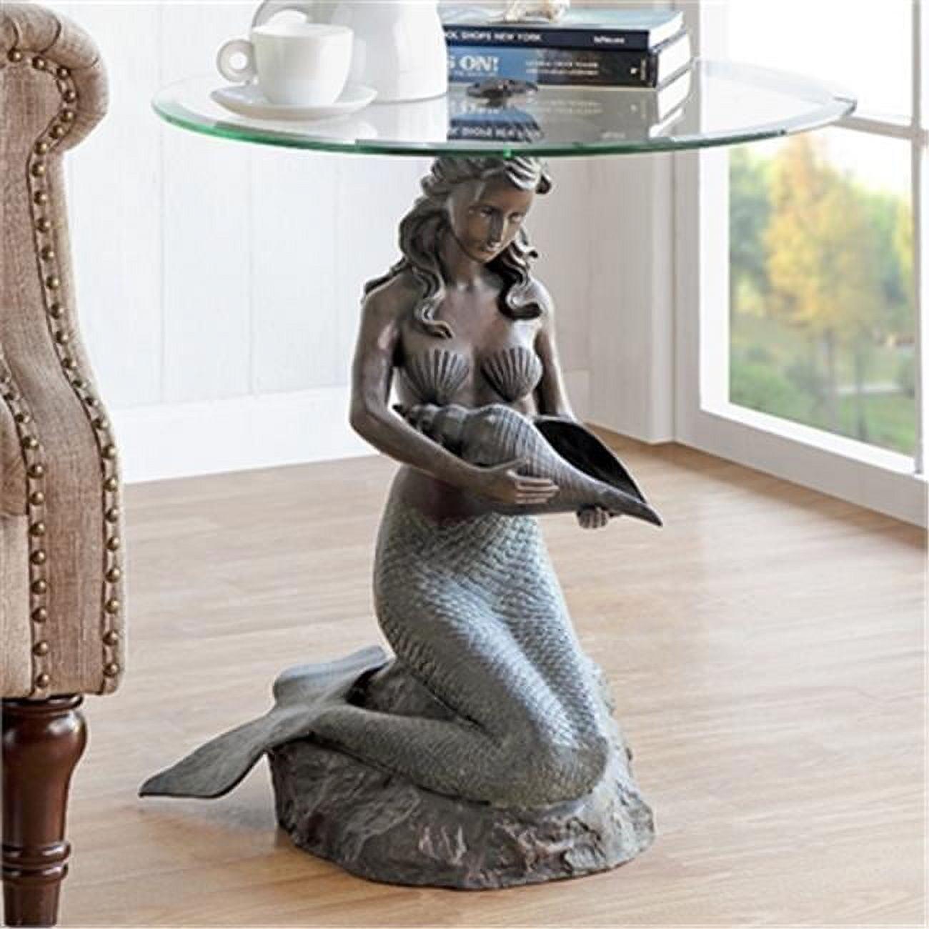 Mermaid Sculptural Bronze and Glass Round End Table