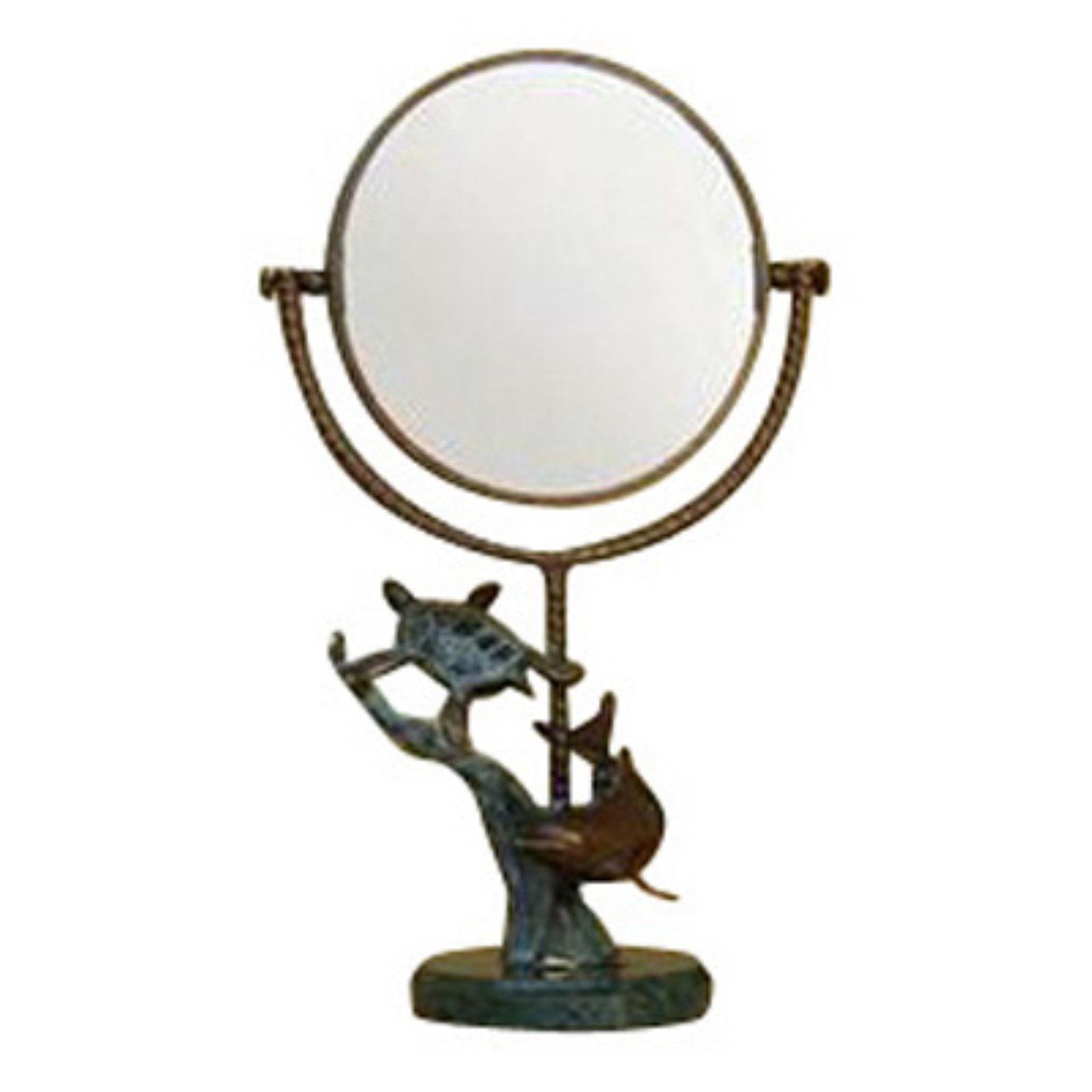 Elegant Full-Length Round Vanity Mirror with Brown Metal & Marble Frame