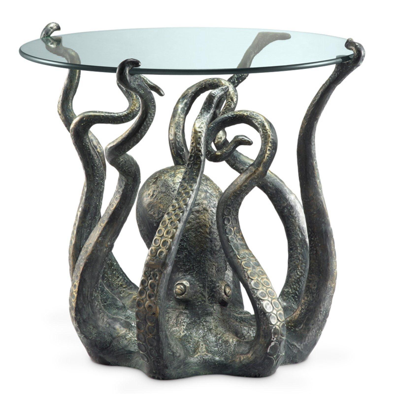 Verdigris Patina Octopus Glass Top End Table - 22.5"