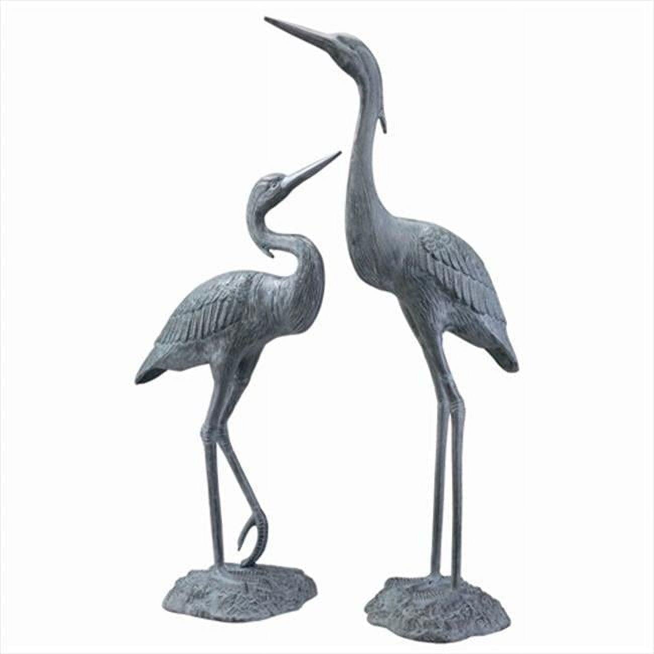 Weathered Gray Brass Heron Pair Garden Sculptures