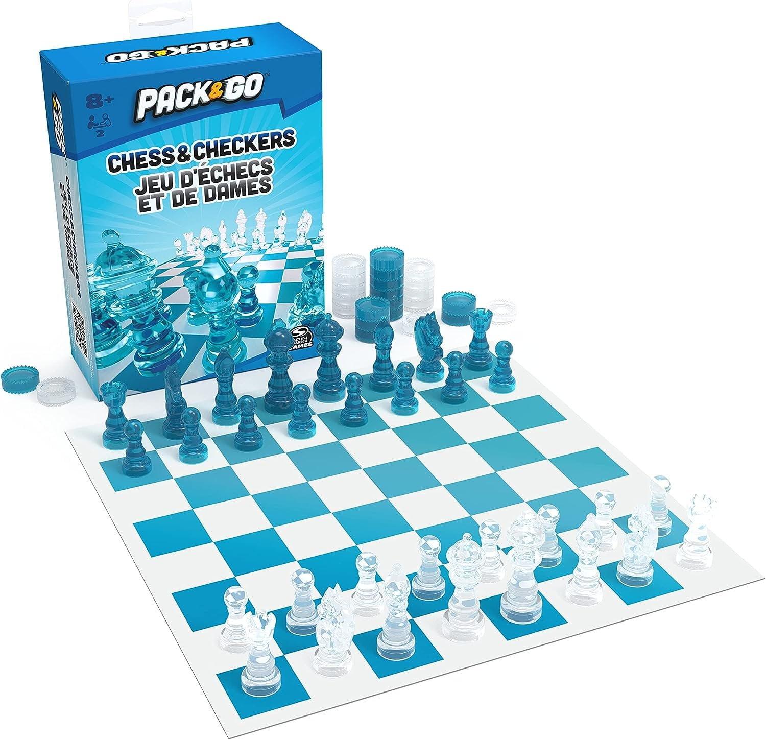 Portable Blue and White Chess and Checkers Set with Transparent Pieces