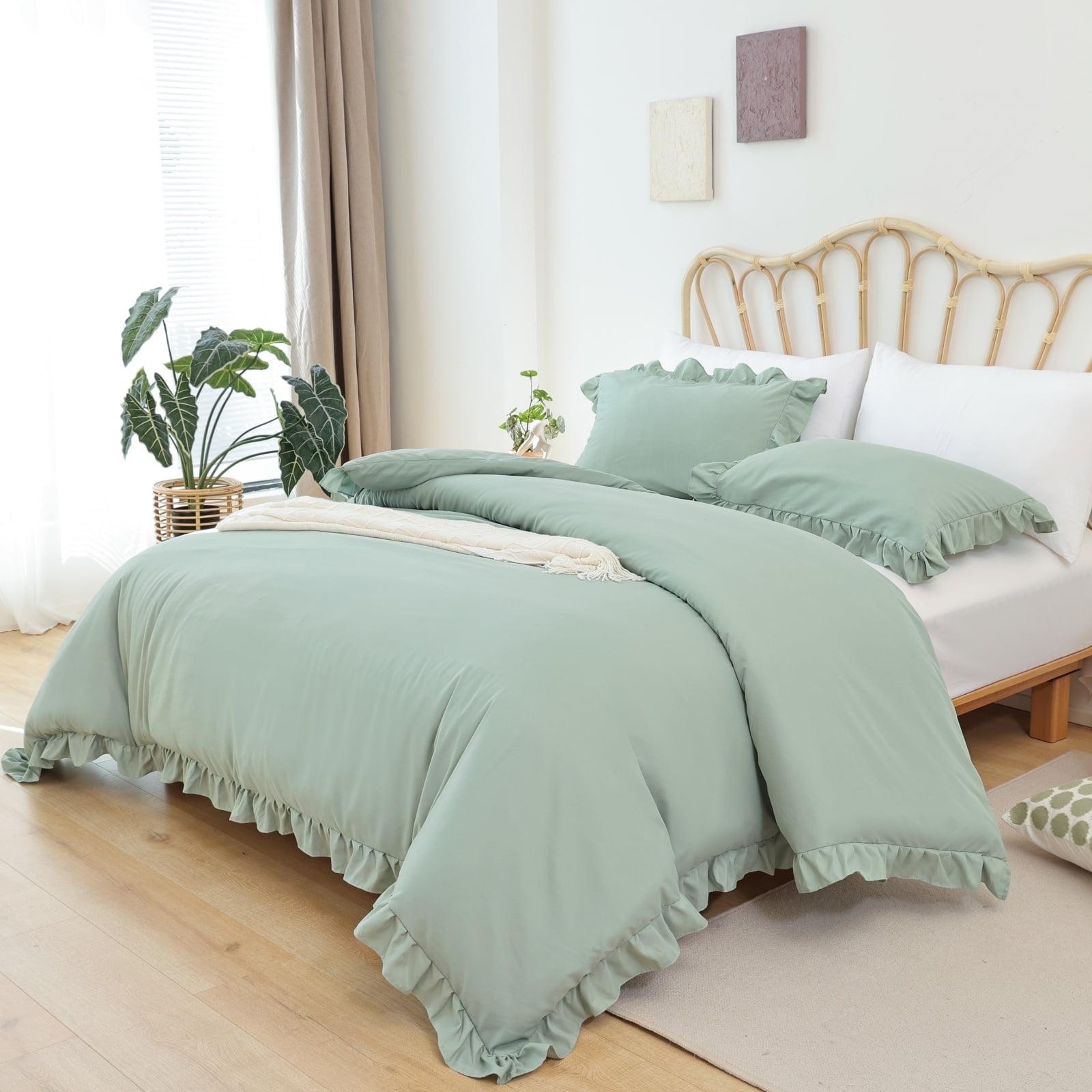 SPRINDAY Queen Comforter Set For Adult, 3 Piece Ruffle Green Comforter Sets All Season