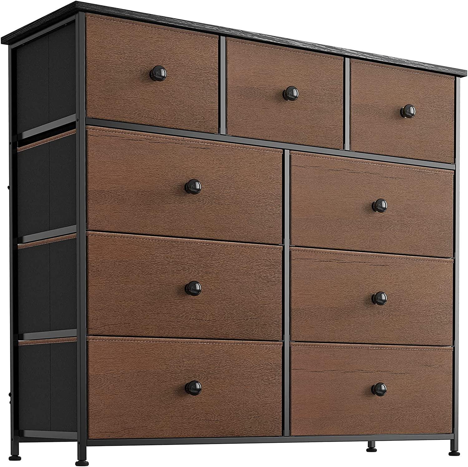 Espresso Steel Frame 9-Drawer Dresser with Waterproof Top and Adjustable Feet