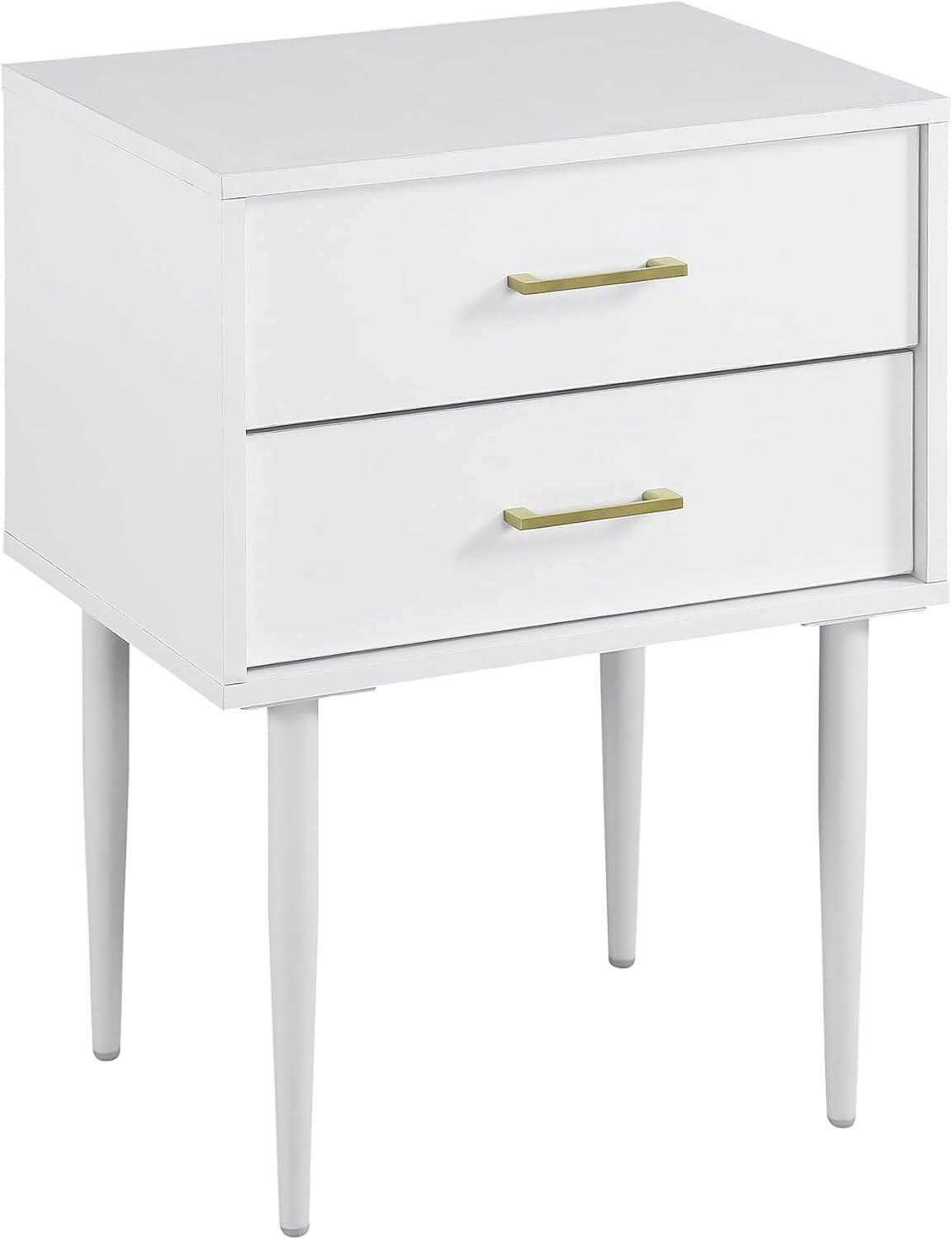 White 2-Drawer Mid-Century Modern Nightstand with Gold Handles