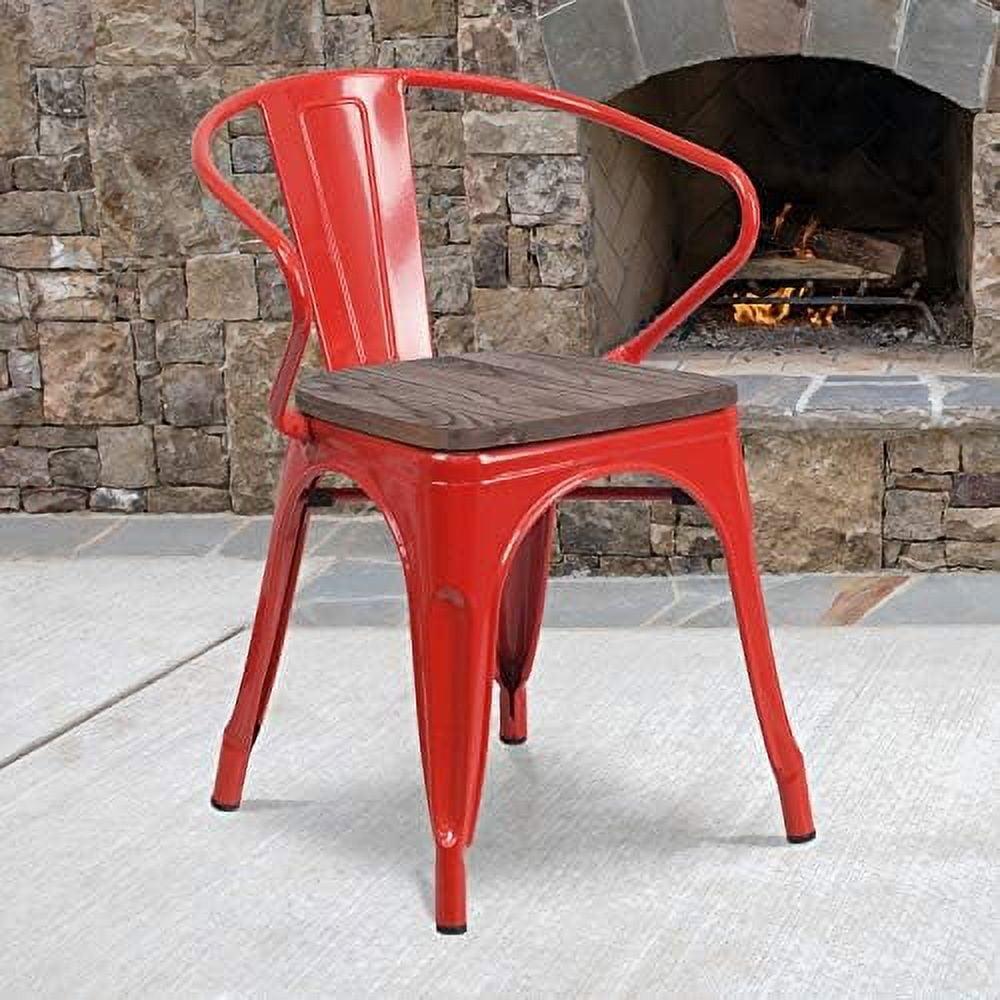 Rustic Red Metal Arm Chair with Wood Detail and Slat Back