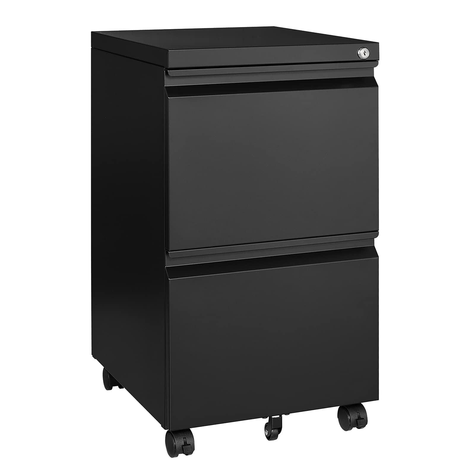 Black Metal 2-Drawer Mobile File Cabinet with Lock