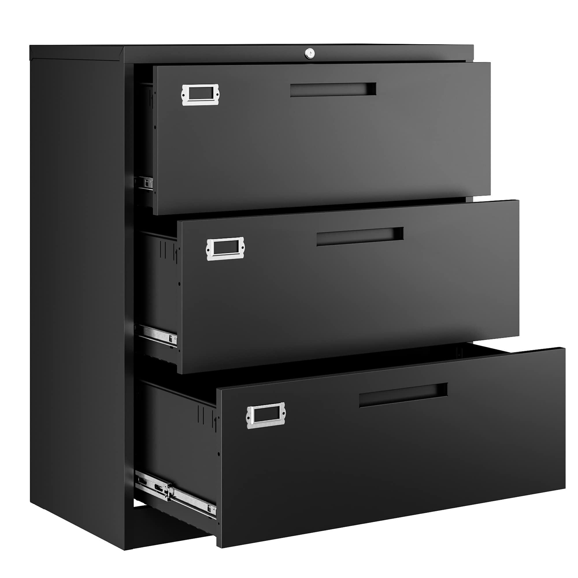 Black Steel 3-Drawer Lockable Lateral File Cabinet