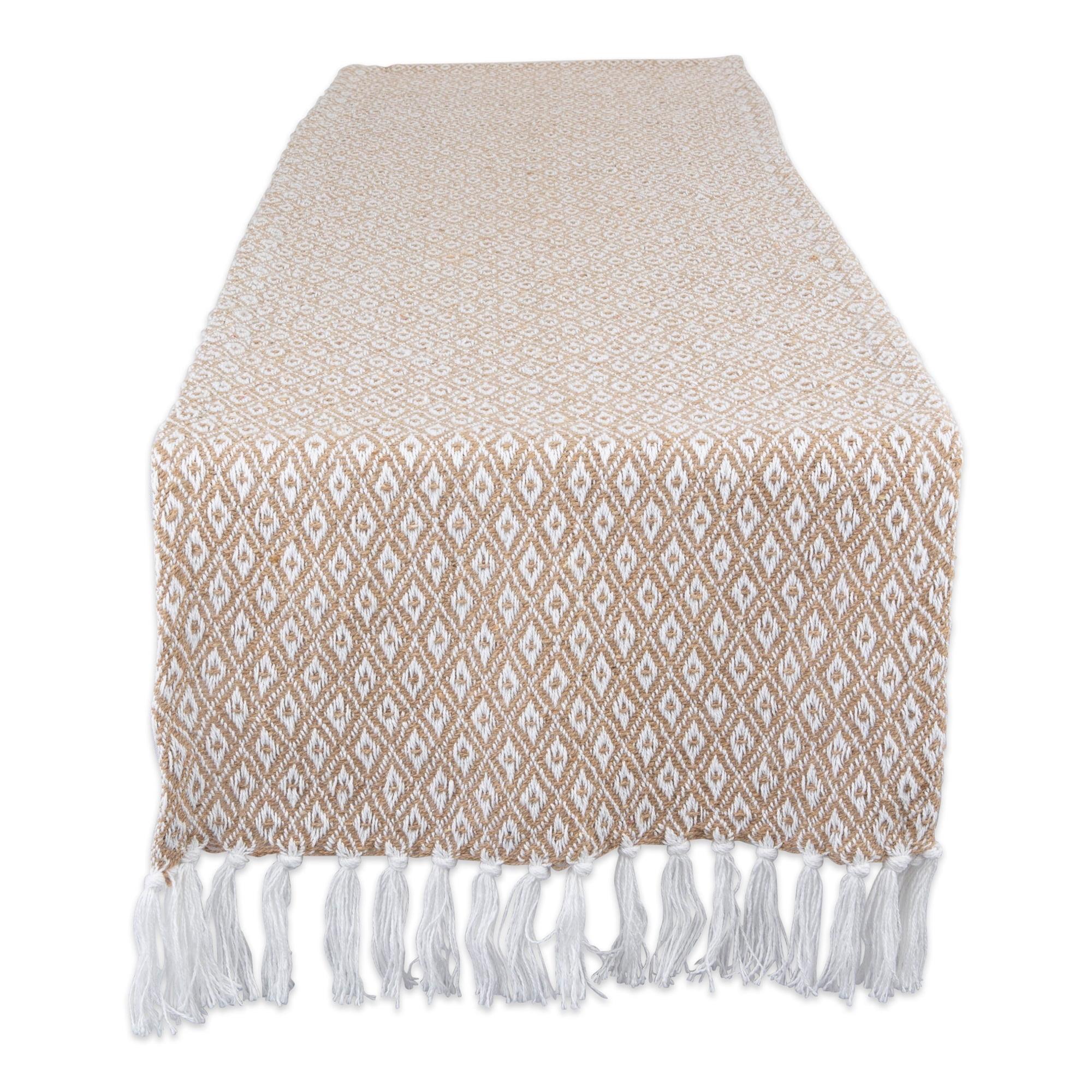 Design Imports  Mini Diamond Jacquard Fringe Table Runner, Stone, 15X72"
