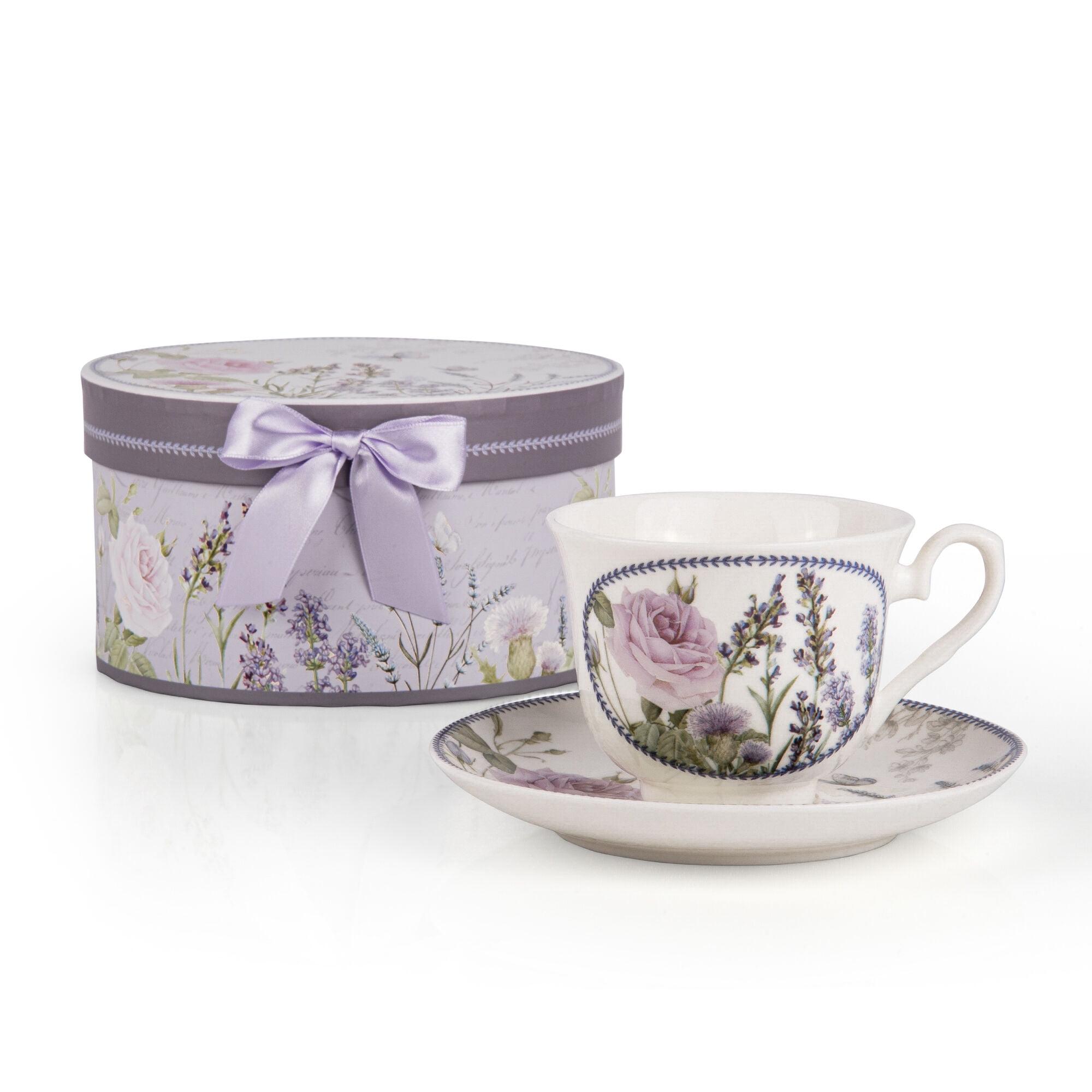 Lavender Floral Bone China Tea Cup and Saucer Set with Gift Box