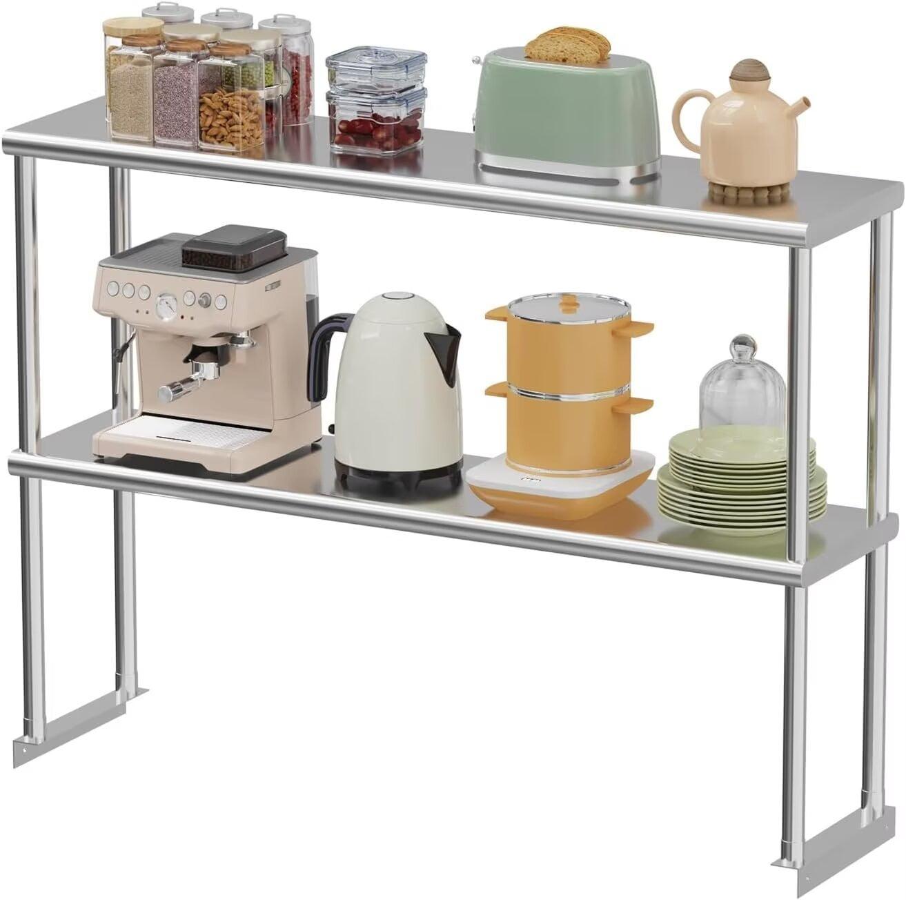 STRELECT 12"x48" Stainless Steel Overshelf for Prep & Work Table, NSF Commercial Adjustable Double Deck Overshelf 2 Tier for Restaurant, Bar, Utility Room, Kitchen and Garage