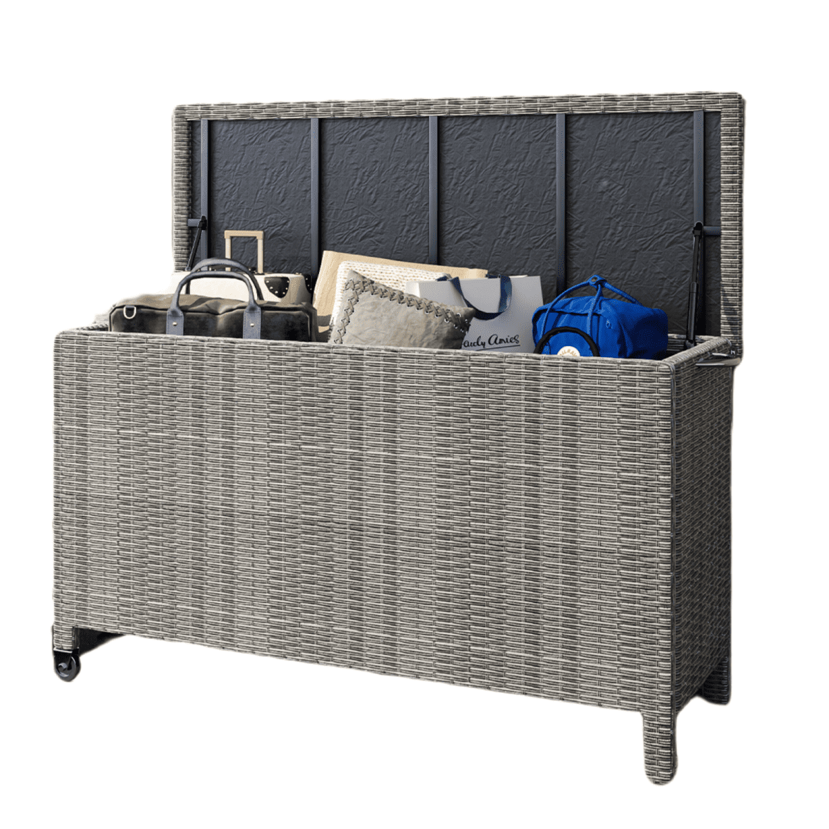 STRELECT 120 Gallon Wicker Deck Box with Wheels and Handles, Waterproof Outdoor Storage Box, Large Storage Bench Organizer for Patio Backyard Cushions, Garden Tools and Pool Supplies, Gray