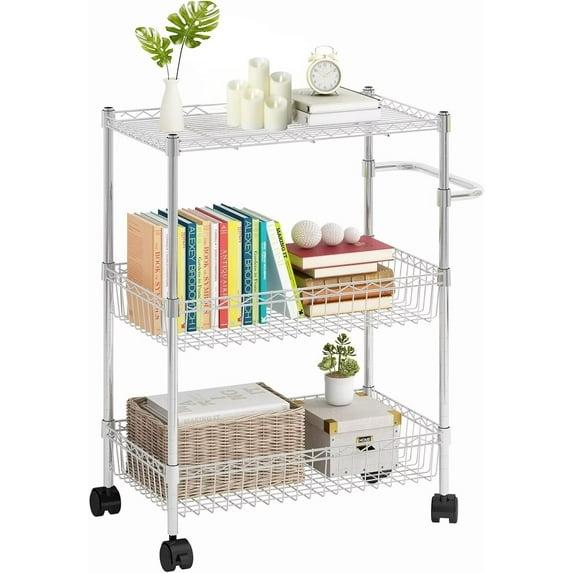 3 Tier Rolling Cart, Metal Kitchen Cart On Wheels with Baskets, Wire Shelving Storage Cart with Handles for Kitchen Bathroom Office Laundry, Chrome