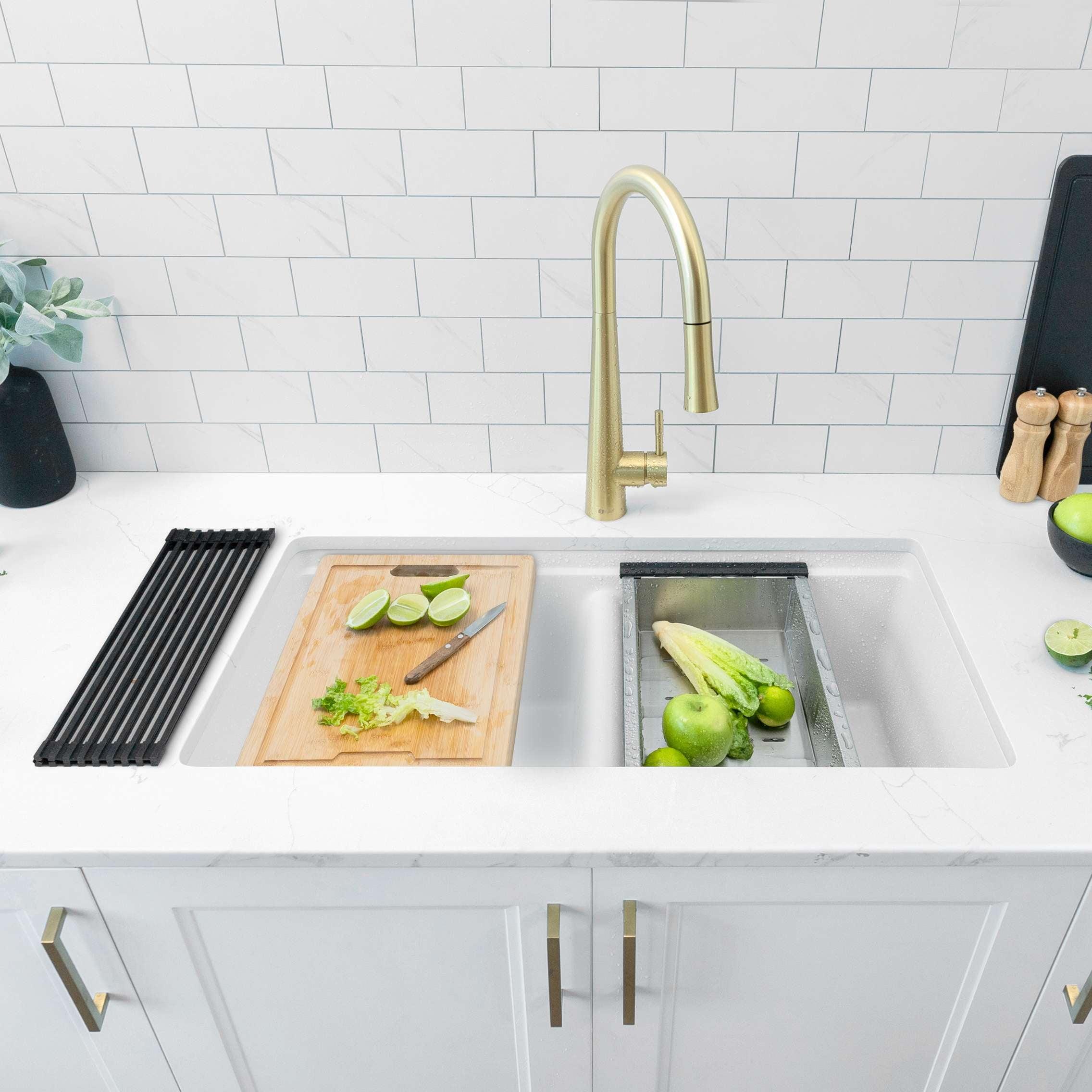 White 33" Composite Granite Double Bowl Kitchen Sink with Accessories