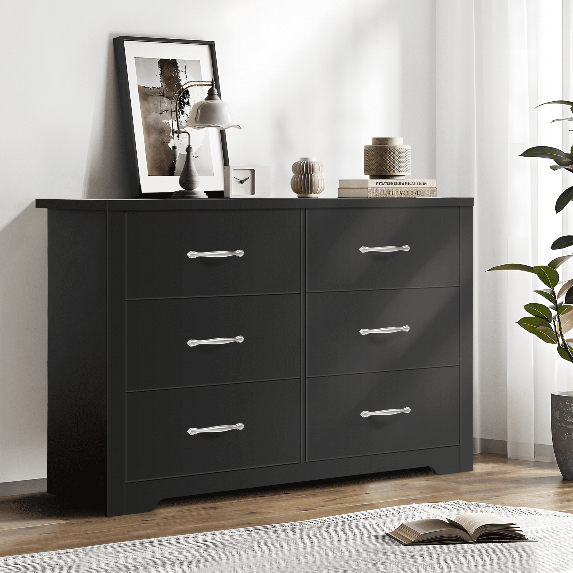 SUGIFT Double Dressers for Bedroom Modern Wood Storage Chest of 6 Drawers, Black