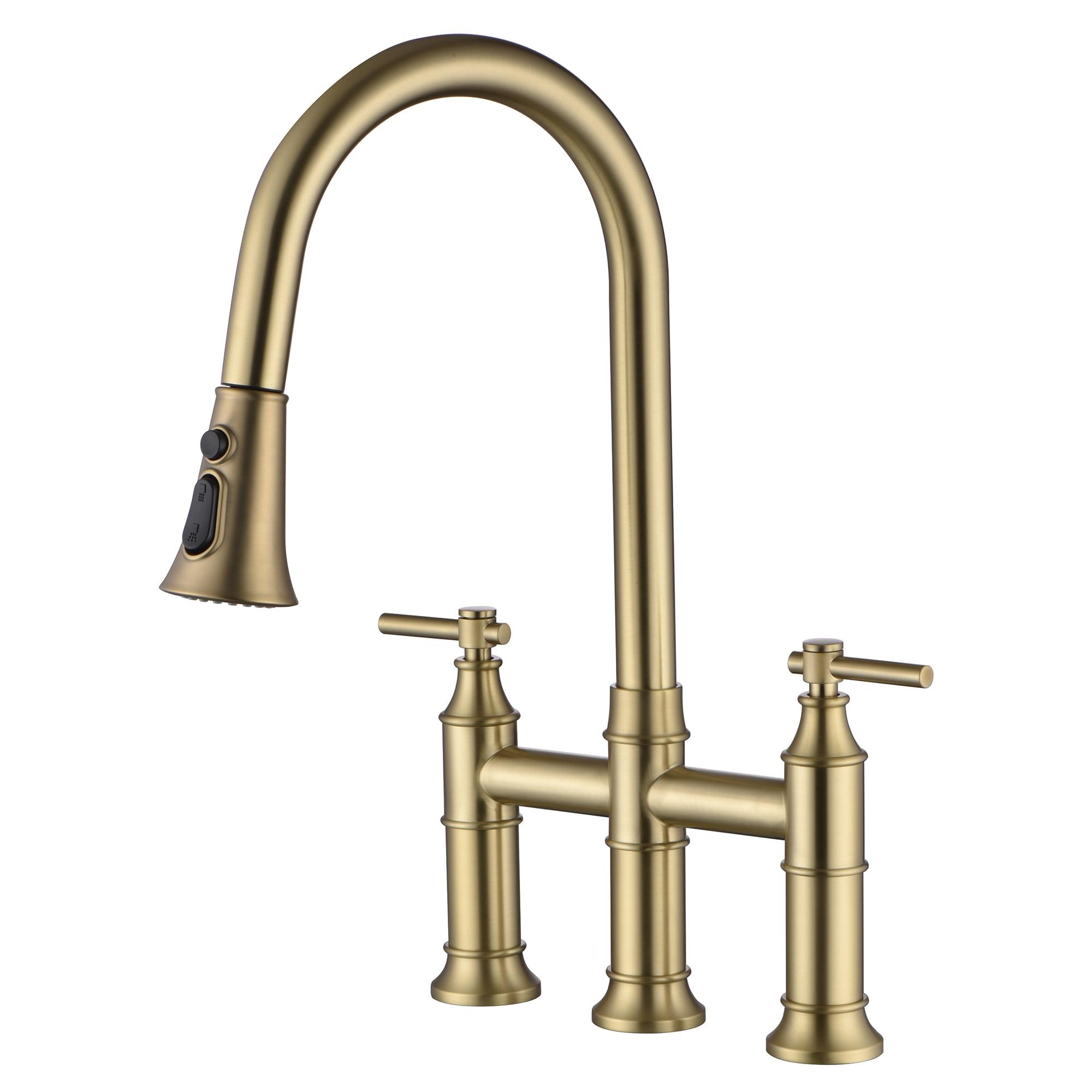 Brushed Gold Stainless Steel Bridge Kitchen Faucet with Pull-Out Spray