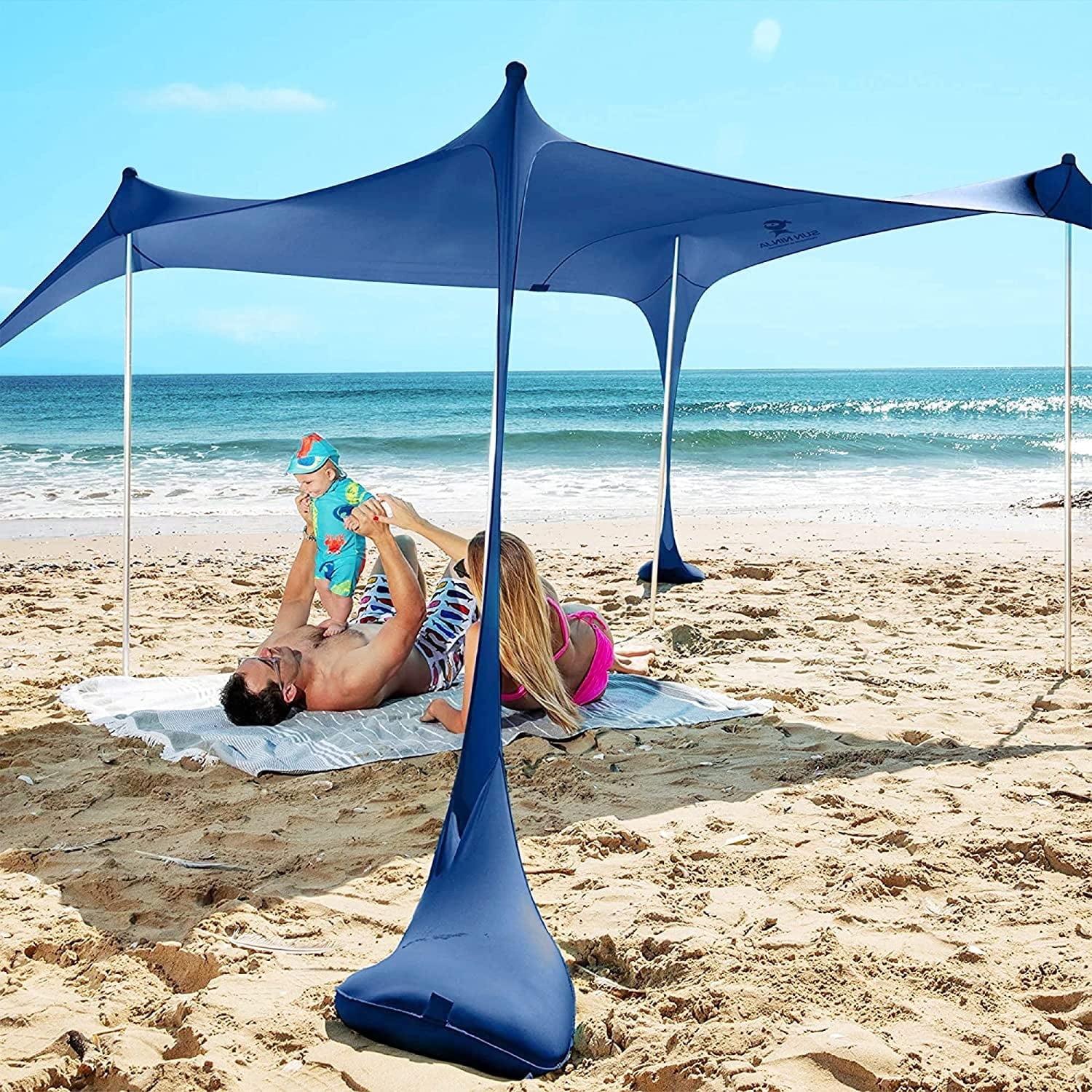 SUN NINJA 7x7.5 FT Pop-Up Beach Tent with Sand Shovel, Pegs & Stability Poles – Navy Blue Sun Shelter for Beach, Camping & Outdoor Use