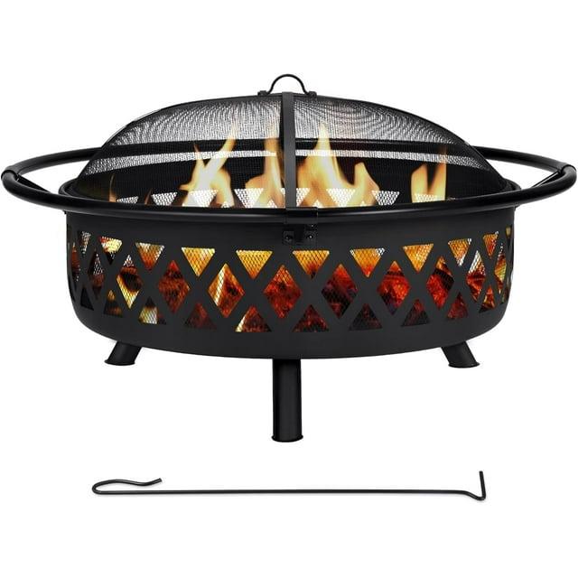SUNCREAT 42” Patio Fire Pit Wood Burning with Mesh Spark Screen, Bonfire Outdoor firepit with Fireplace Poker, Black