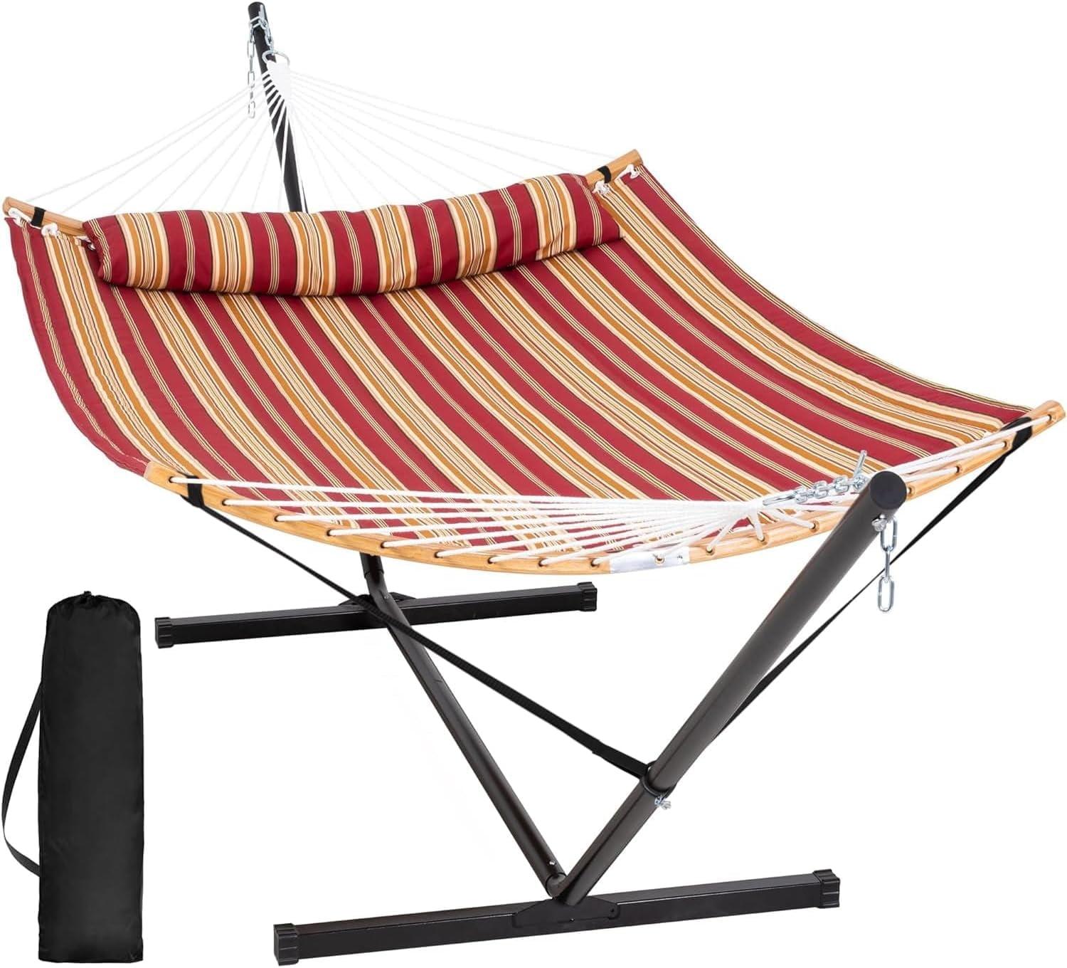 Red Striped Double Hammock with Bamboo Spreader Bar and Steel Stand