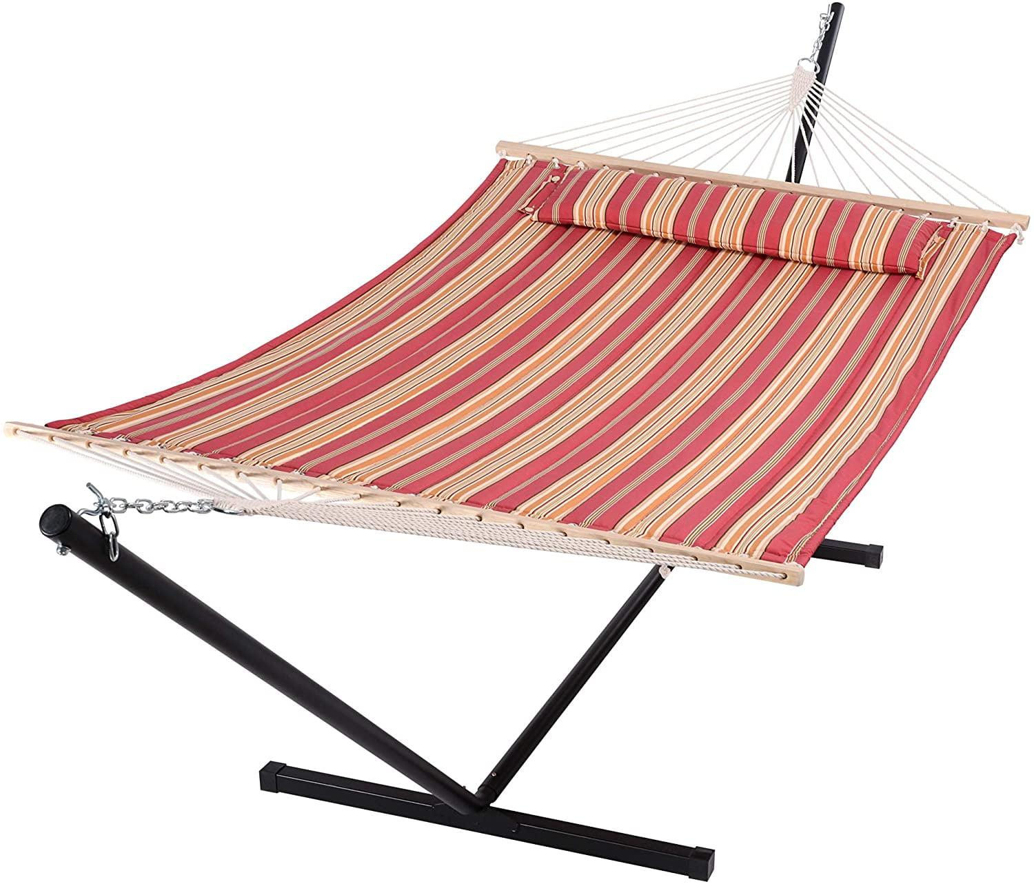 Red Striped Two-Person Quilted Fabric Hammock with Steel Stand