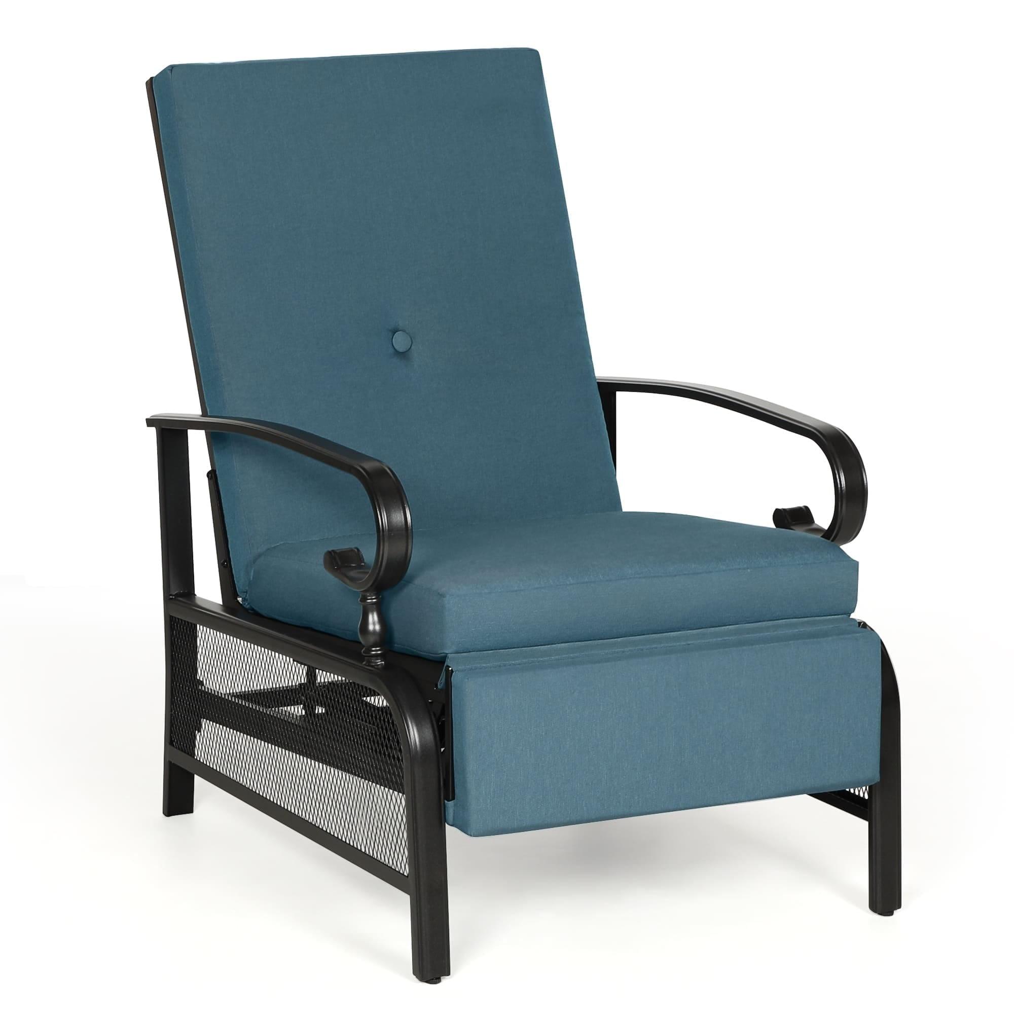 Blue Cushioned Metal Patio Recliner Lounge Chair with Chaise