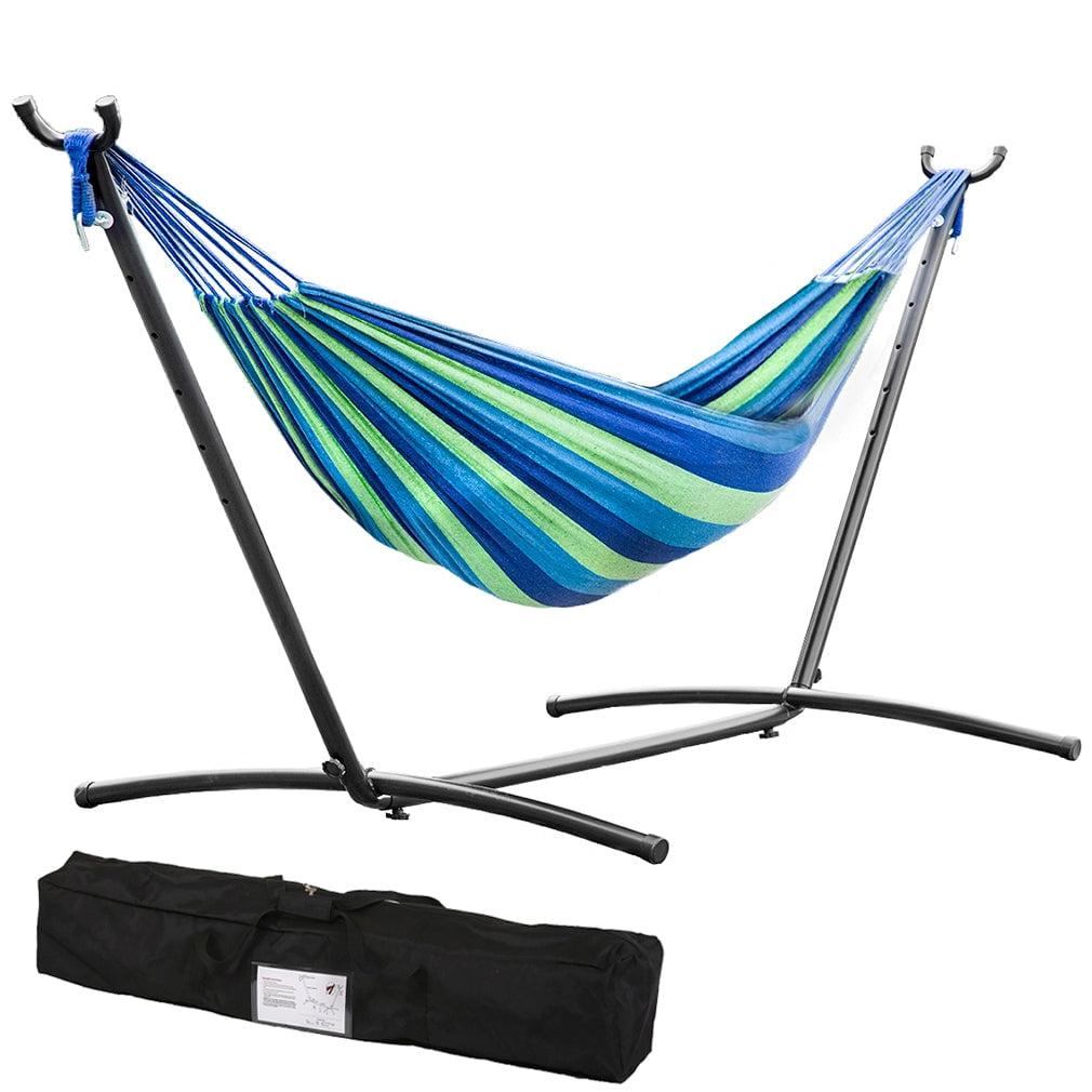 Blue and Green Cotton Two-Person Hammock with Steel Stand