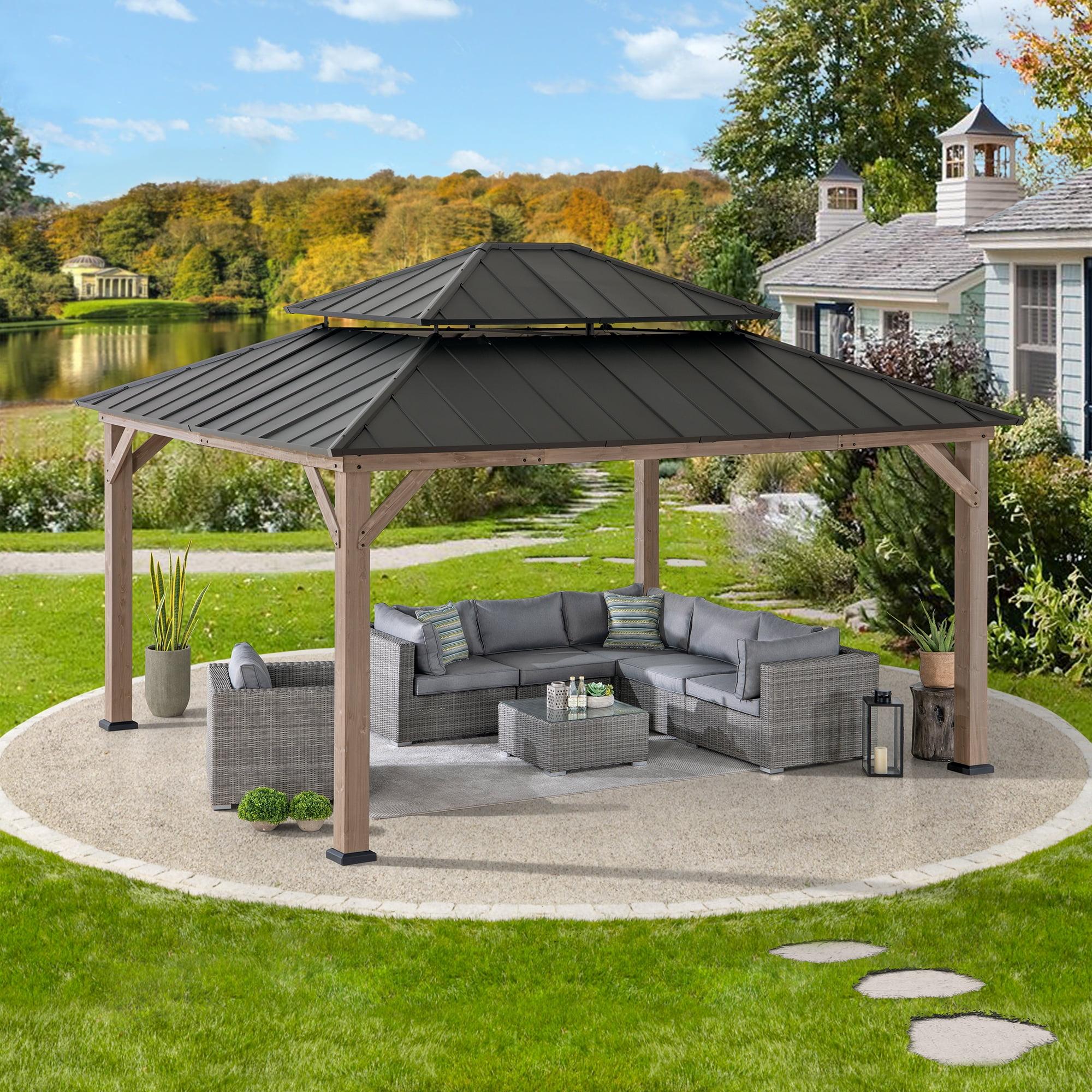Sunjoy Sunjoy 13 x 15 ft. Wood Gazebo, Outdoor Patio Steel Hardtop Gazebo, Cedar Framed Wooden Gazebo with 2-Tier Metal Roof, Suitable for Patios, Lawn and Backyard