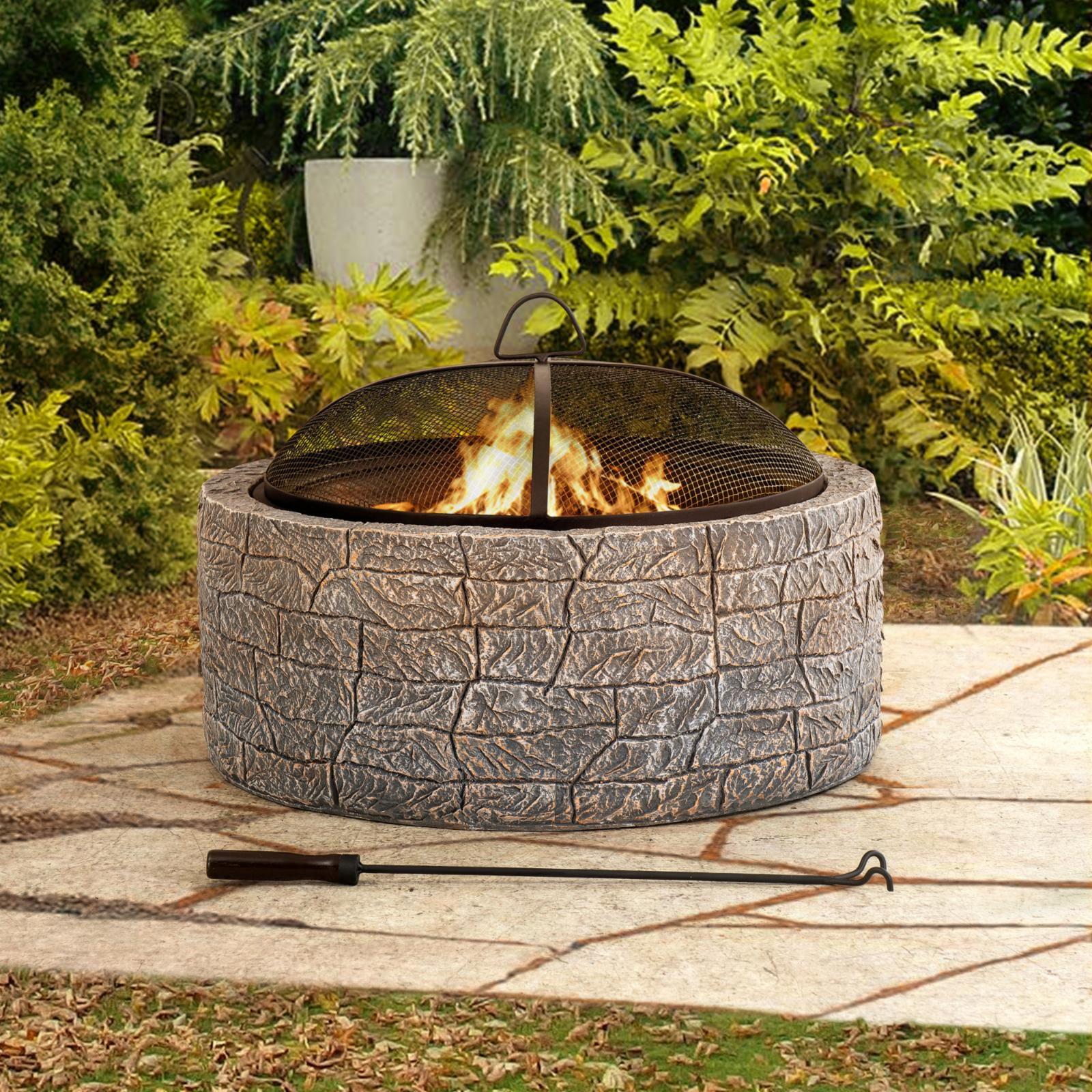 SUNJOY 26 Inch Stone Fire Pit, Patio Outdoor Round Wood Burning Fire Pits for Outside with Spark Screen and Poker, Stone Gray