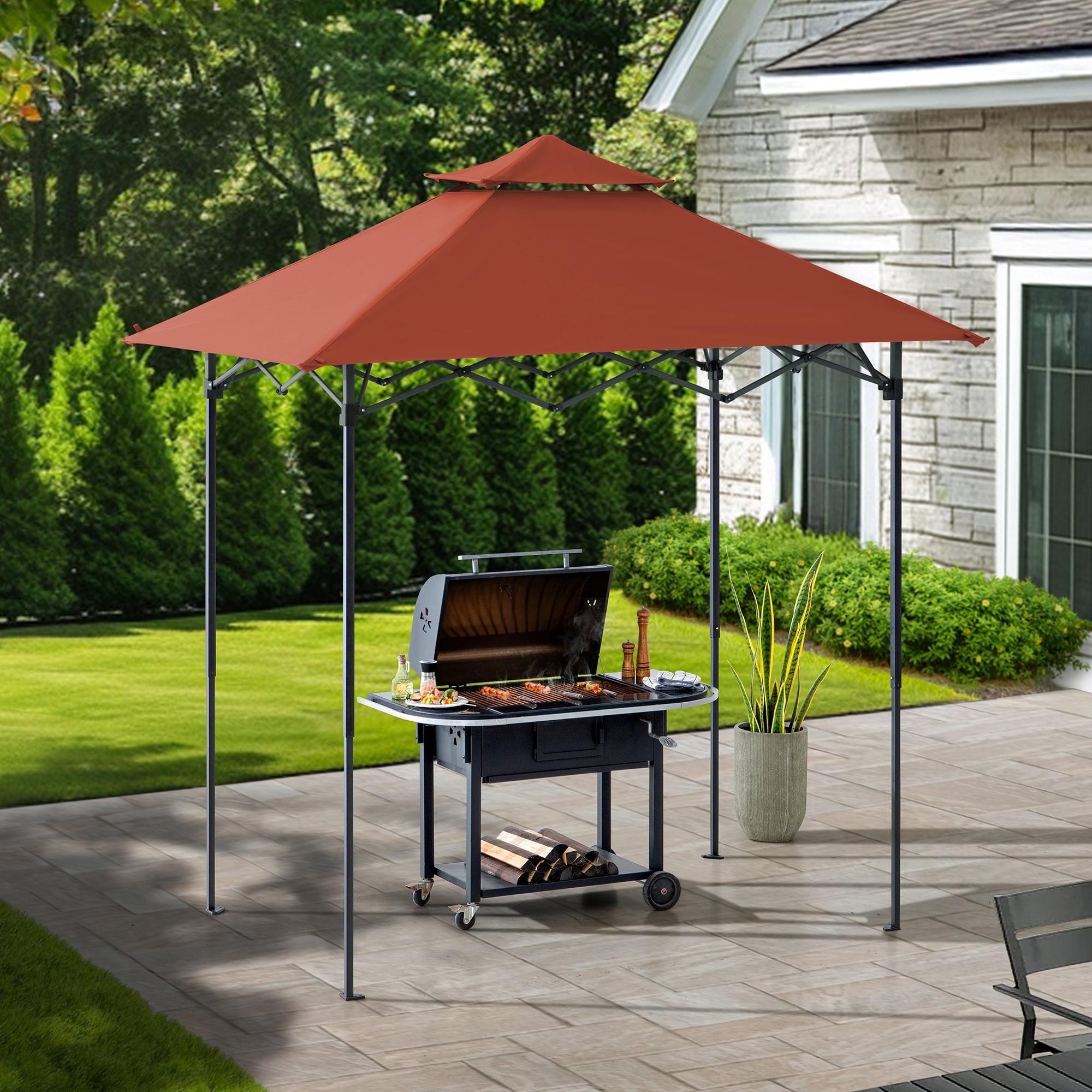 Sunjoy SUNJOY 8' x 5'  Pop up Grill Gazebo Double Tiered Outdoor Gazebo Standing-Height Canopy with Magnetic LED Light, Adjustable Ceiling Height, for BBQ,Picnics, Outdoor Events