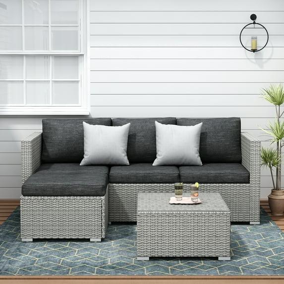 SUNTONE Patio Conversation Sofa Set - 3 Piece All Weather Wicker Outdoor Furniture Set, Gray Rattan & Black Cushions