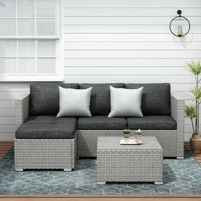 SUNTONE Patio Conversation Sofa Set - 3 Piece All Weather Wicker Outdoor Furniture Set, Gray Rattan & Black Cushions
